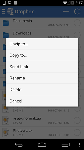 Capturas de tela do programa WinZip em celular ou tablete Android.