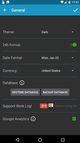 Screenshots of Work log program for Android phone or tablet.