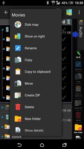 Screenshots of X-plore file manager program for Android phone or tablet.