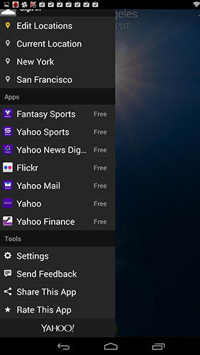 Capturas de pantalla del programa Yahoo weather para teléfono o tableta Android.