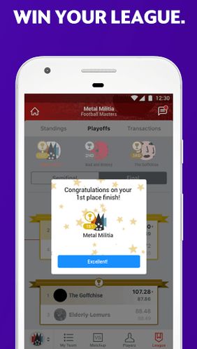 Screenshots of Yahoo fantasy sports program for Android phone or tablet.