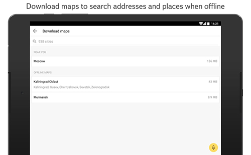 Les captures d'écran du programme Yandex maps pour le portable ou la tablette Android.