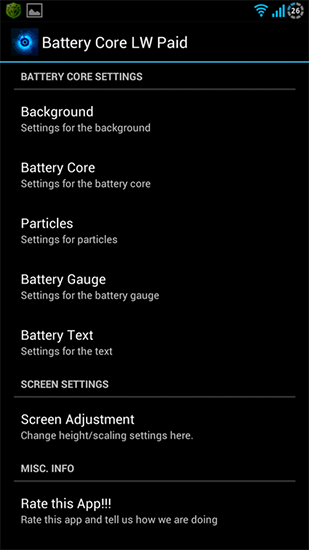Screenshots of the Battery core for Android tablet, phone.