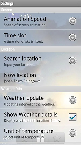 Écrans de Weather sky pour tablette et téléphone Android.