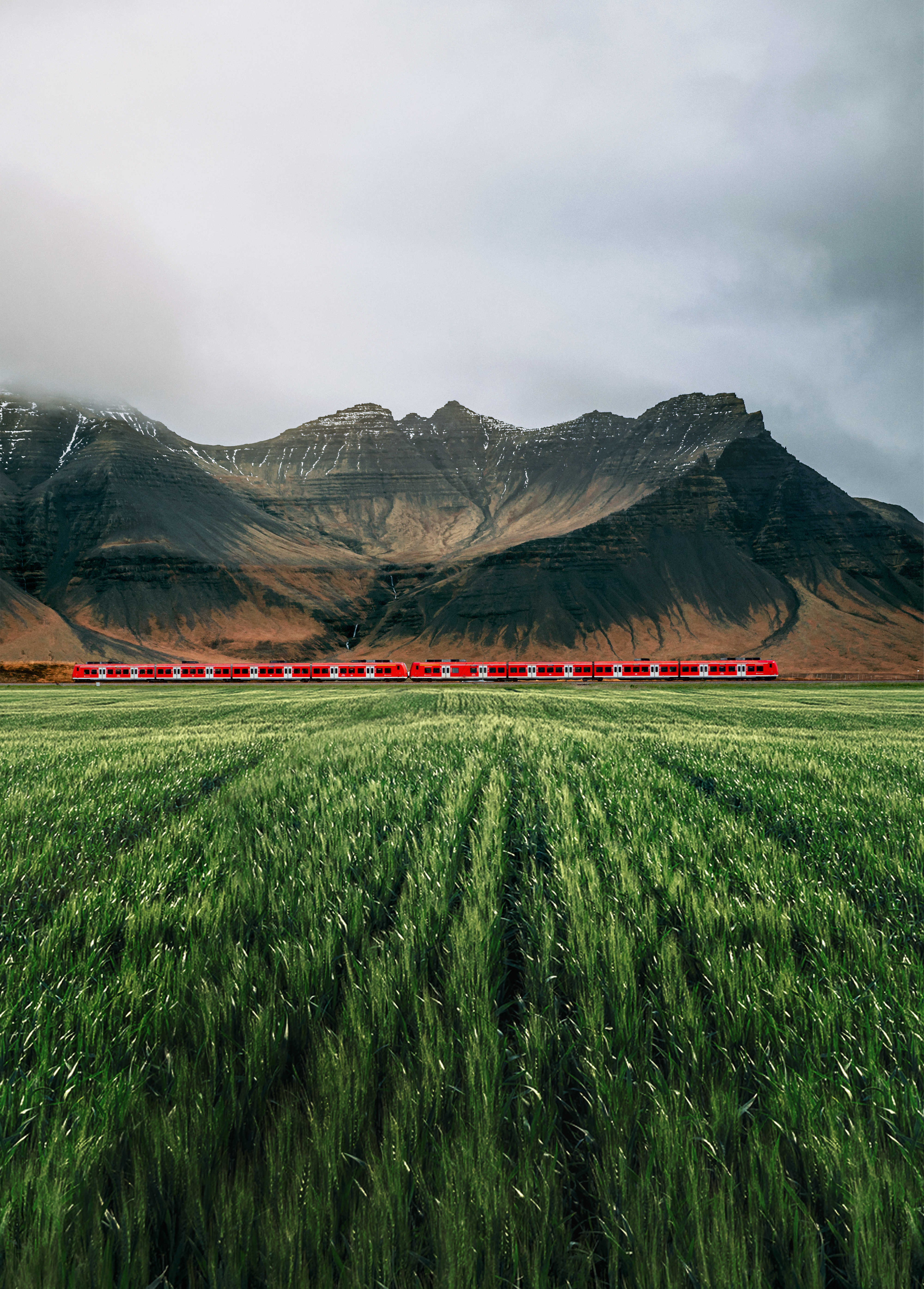 nature, train, grass, mountains, rocks, fog wallpaper for mobile