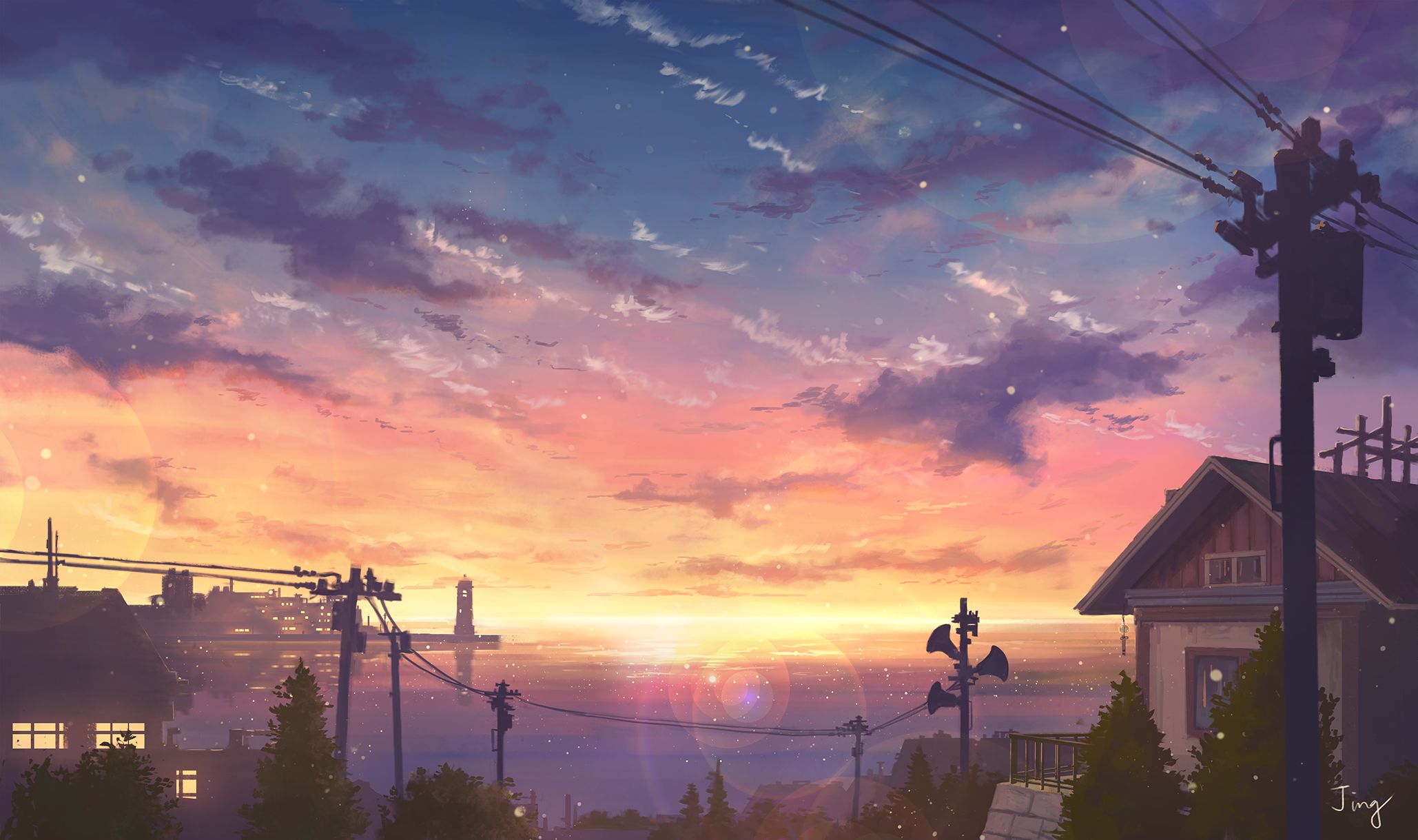 HD desktop wallpaper: Anime, Sunset, Sky, Ocean, Town download free picture  #927155