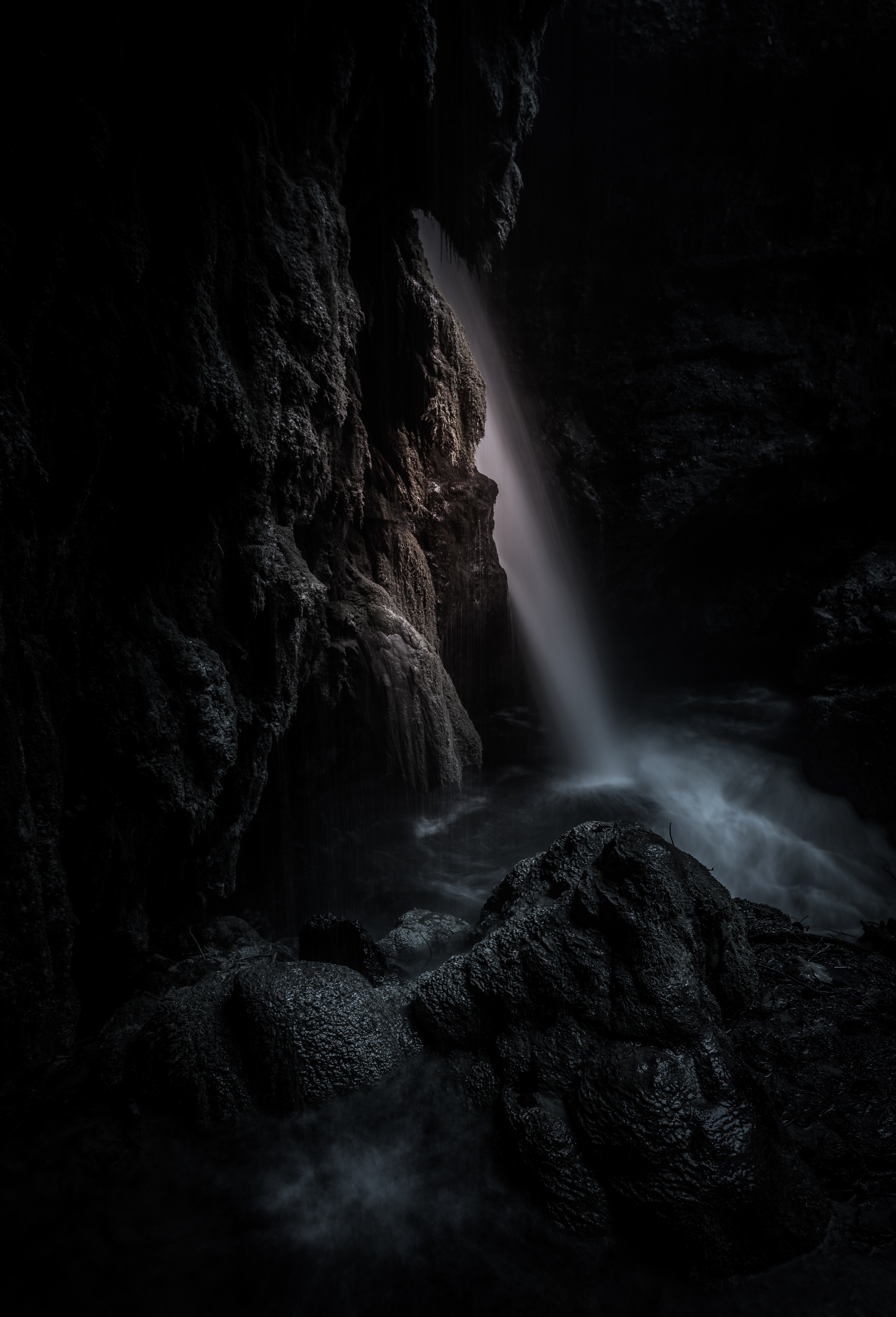 dark, rock, nature, waterfall, cave HD wallpaper