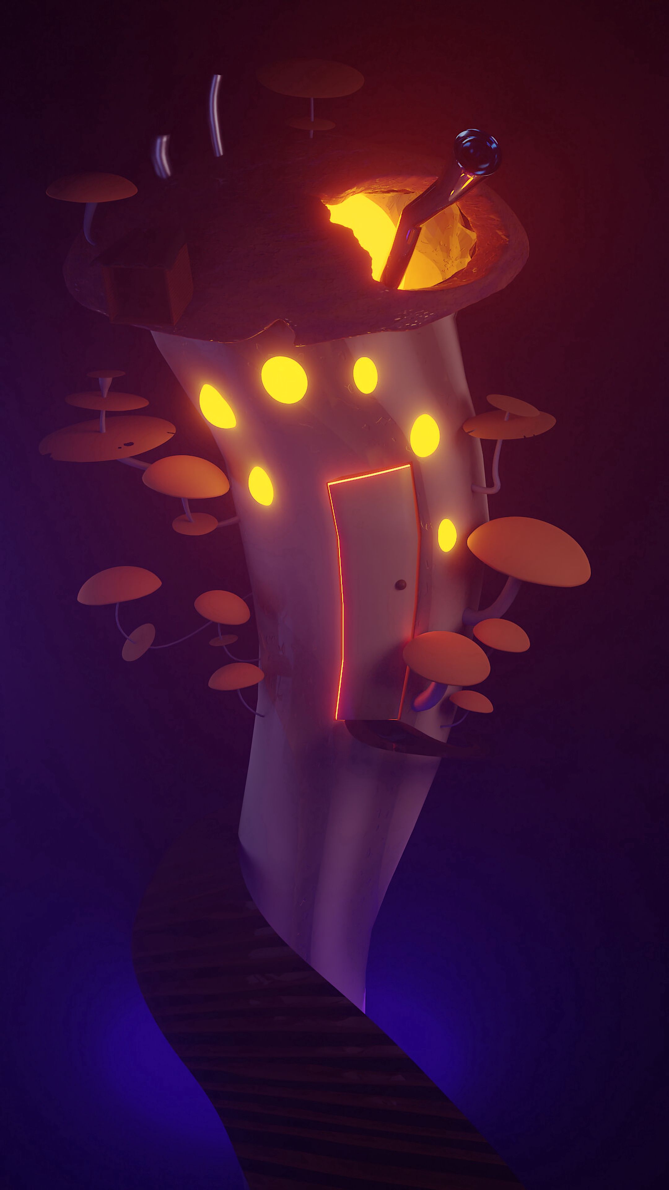 android mushroom, 3d, art, small house, lodge, glow