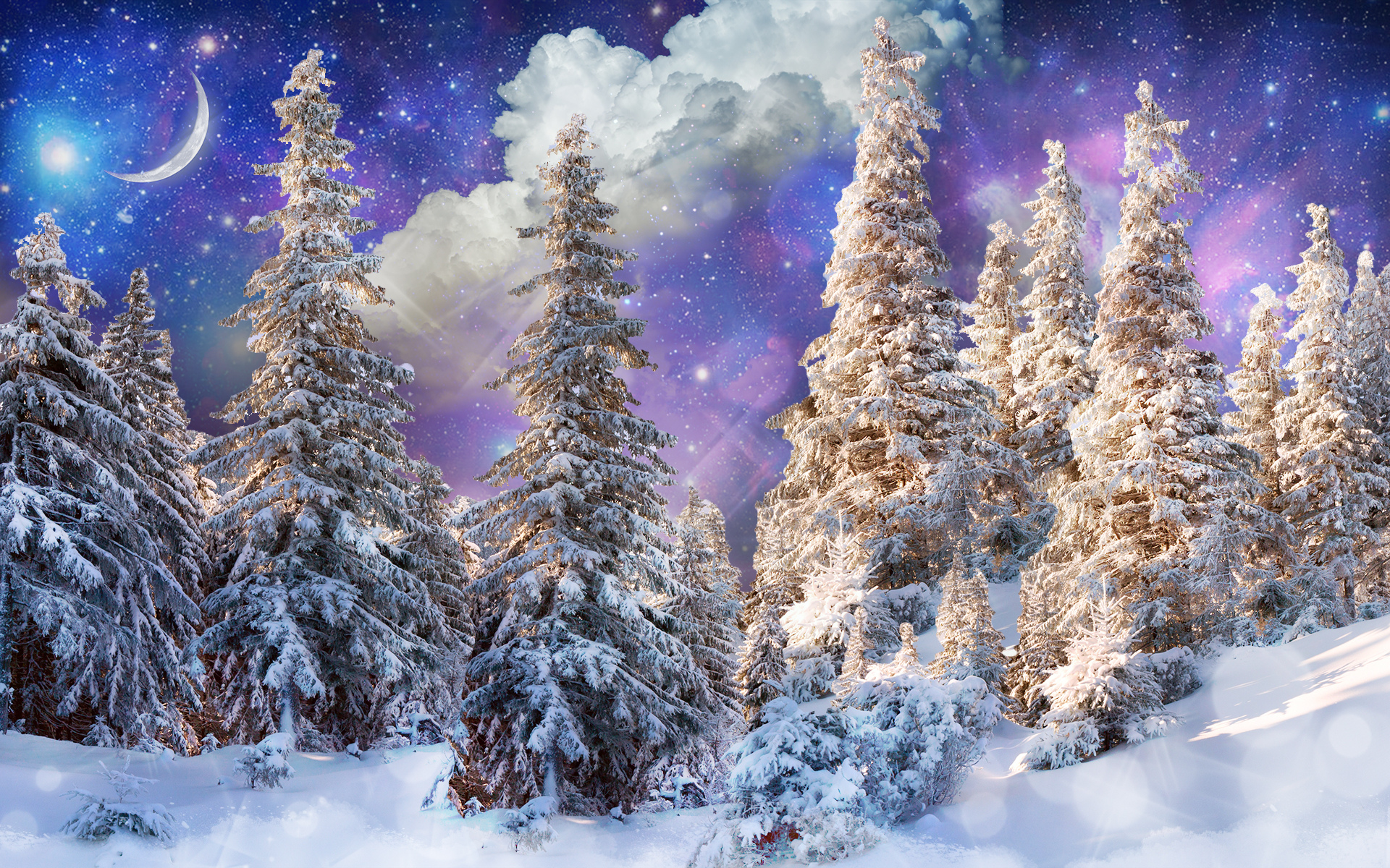 earth, winter, cloud, crescent, fir tree, sky, snow, space, starry sky, tree 4K