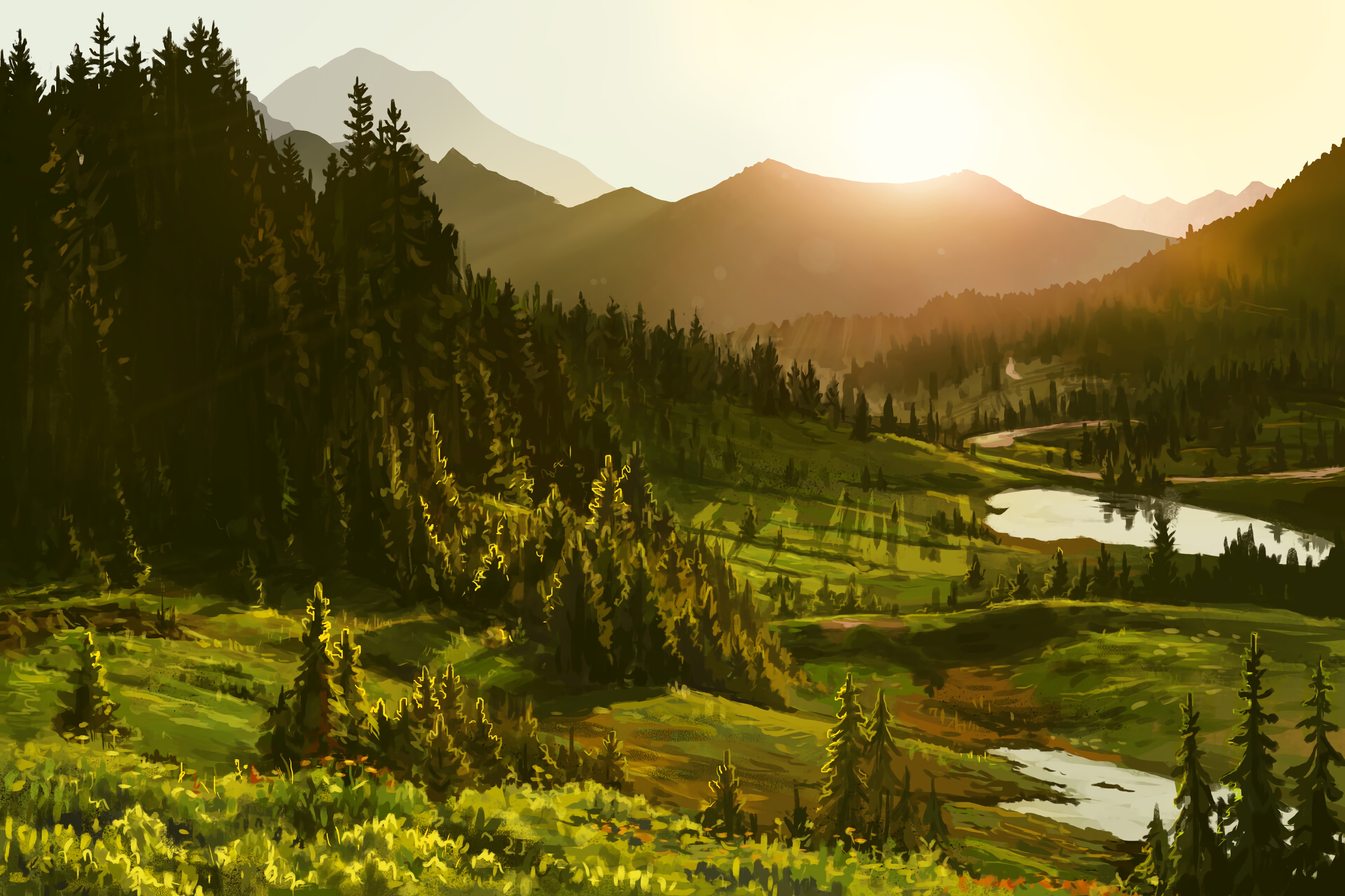 Laden Sie das Kunst, Mountains, Sun, Wald-Bild kostenlos auf Ihren PC-Desktop herunter