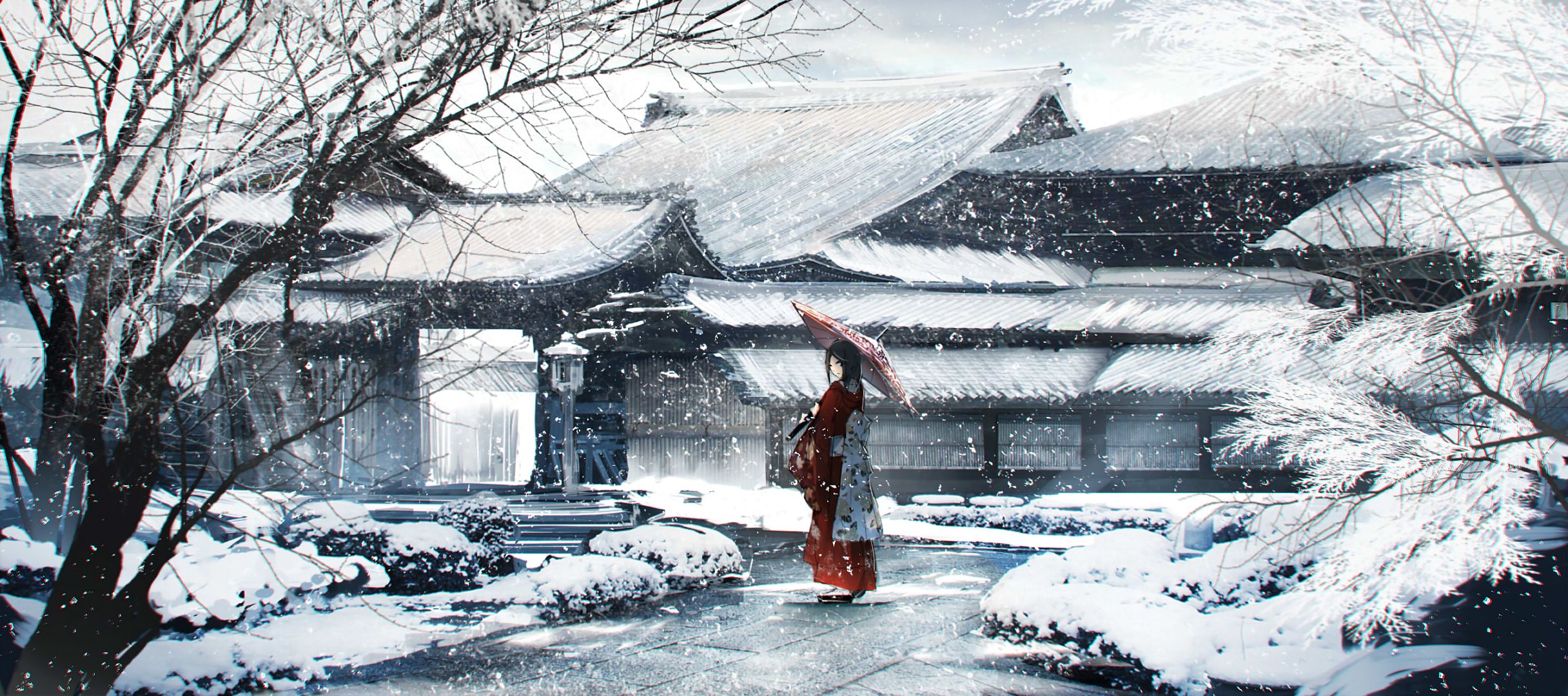 winter, anime, original, cold, house, snow, tree, umbrella 4K