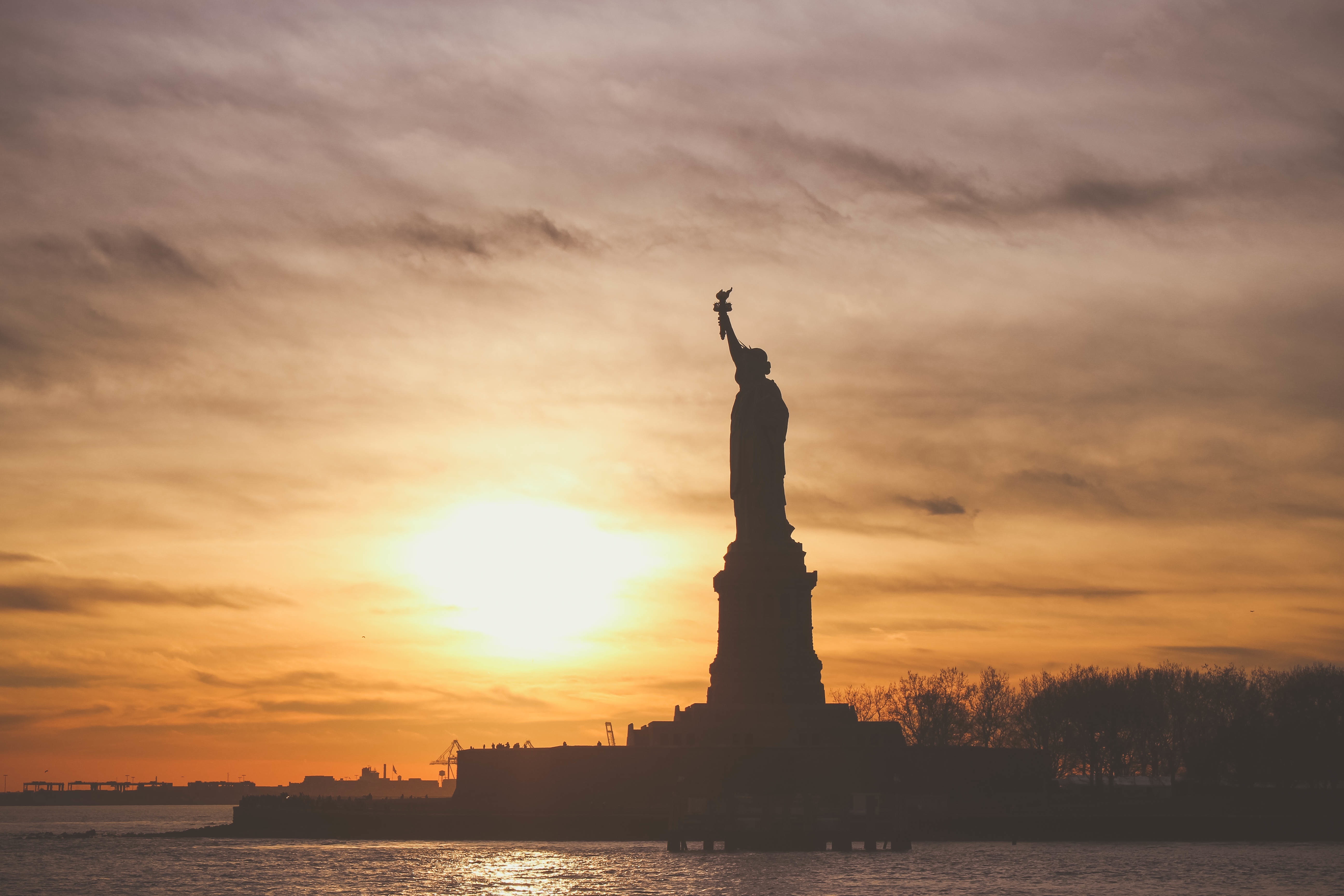usa, cities, sunset, statue of liberty, united states, sculpture, america wallpaper for mobile