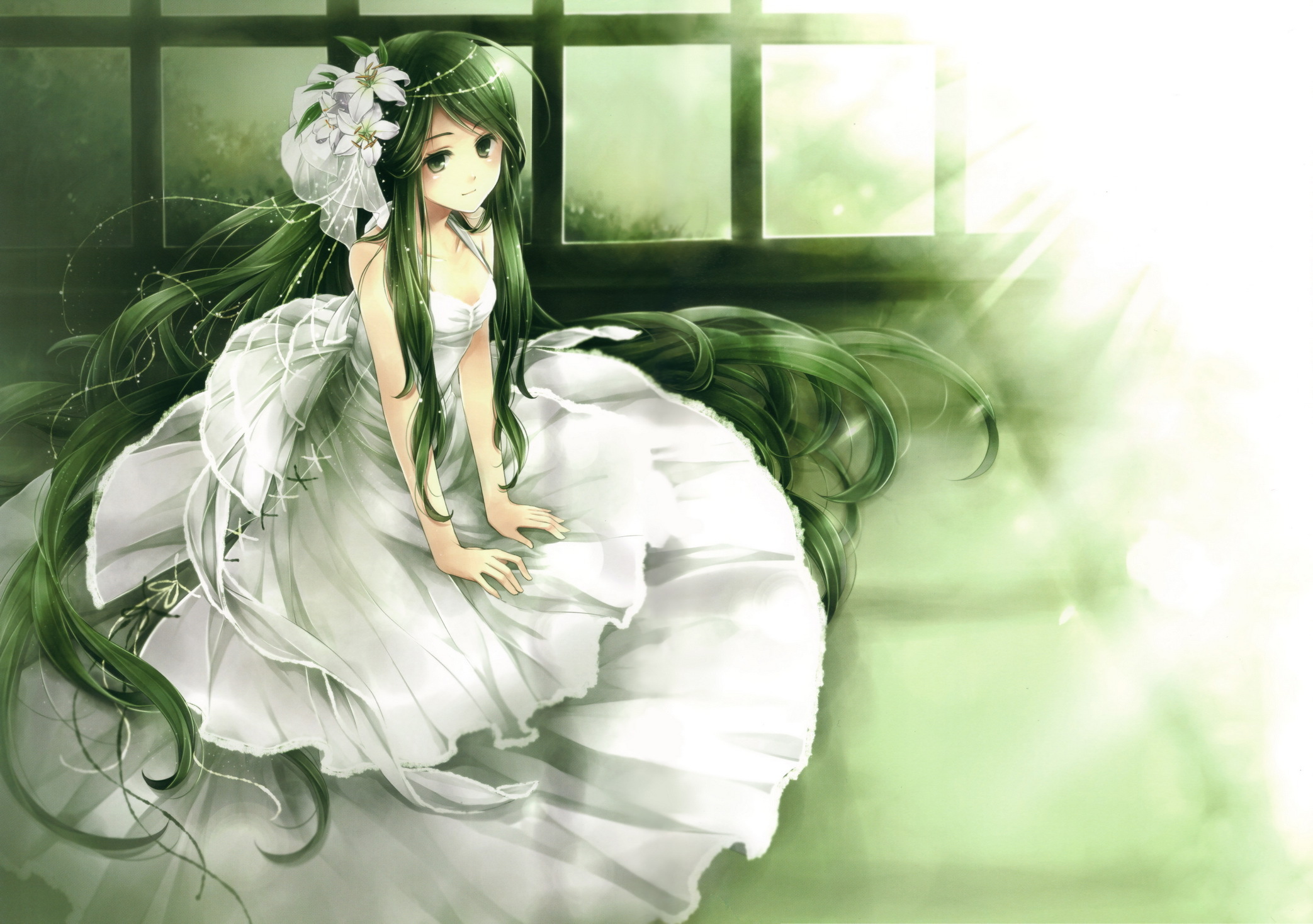 girl, dress, anime, bride, green eyes, green hair, wedding QHD