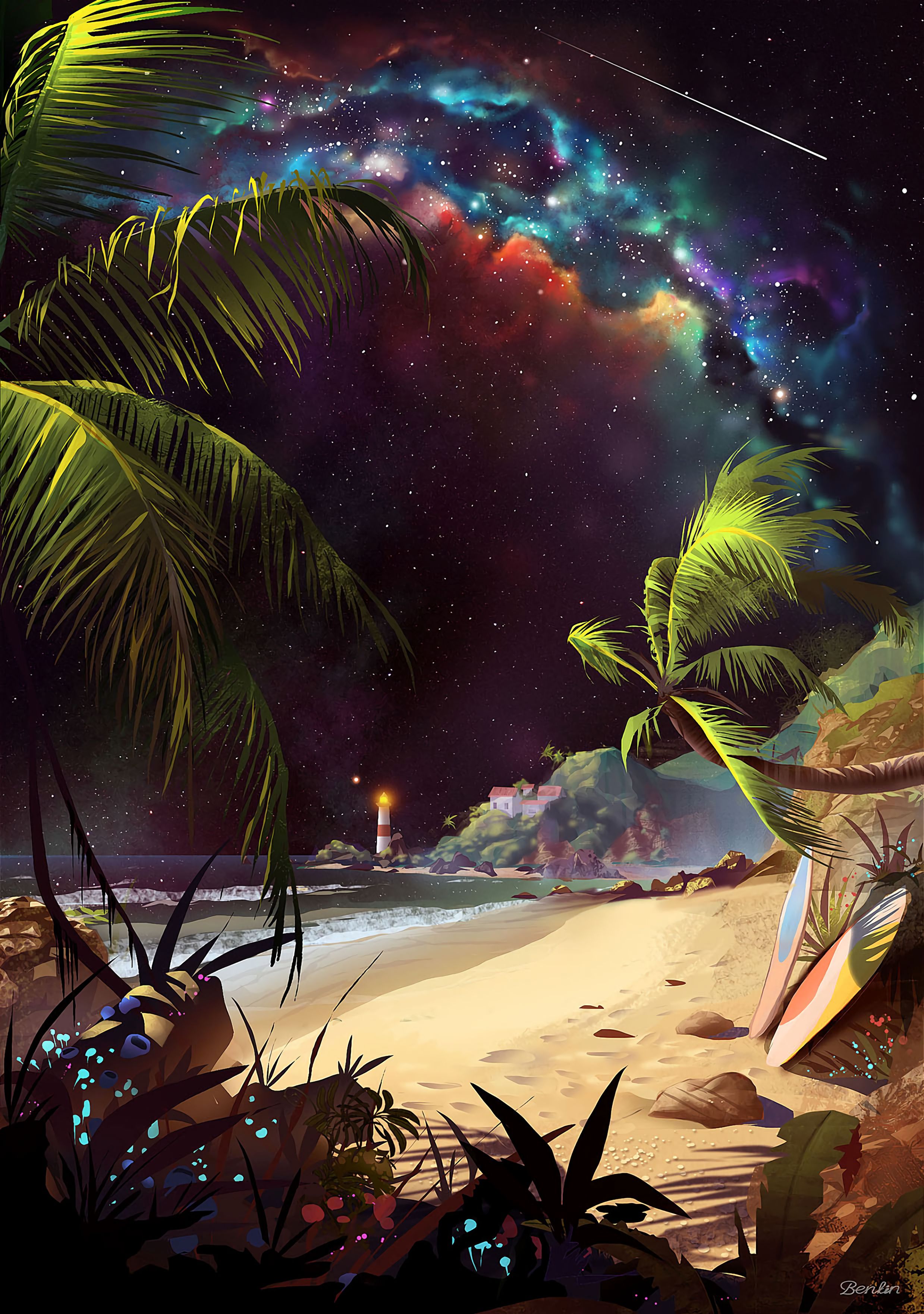 starry sky, beach, art, sand, palms, lighthouse