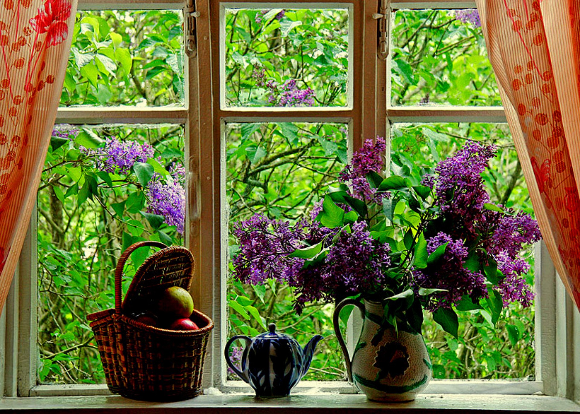 Lilac still life, basket, flower, window 4K Wallpaper
