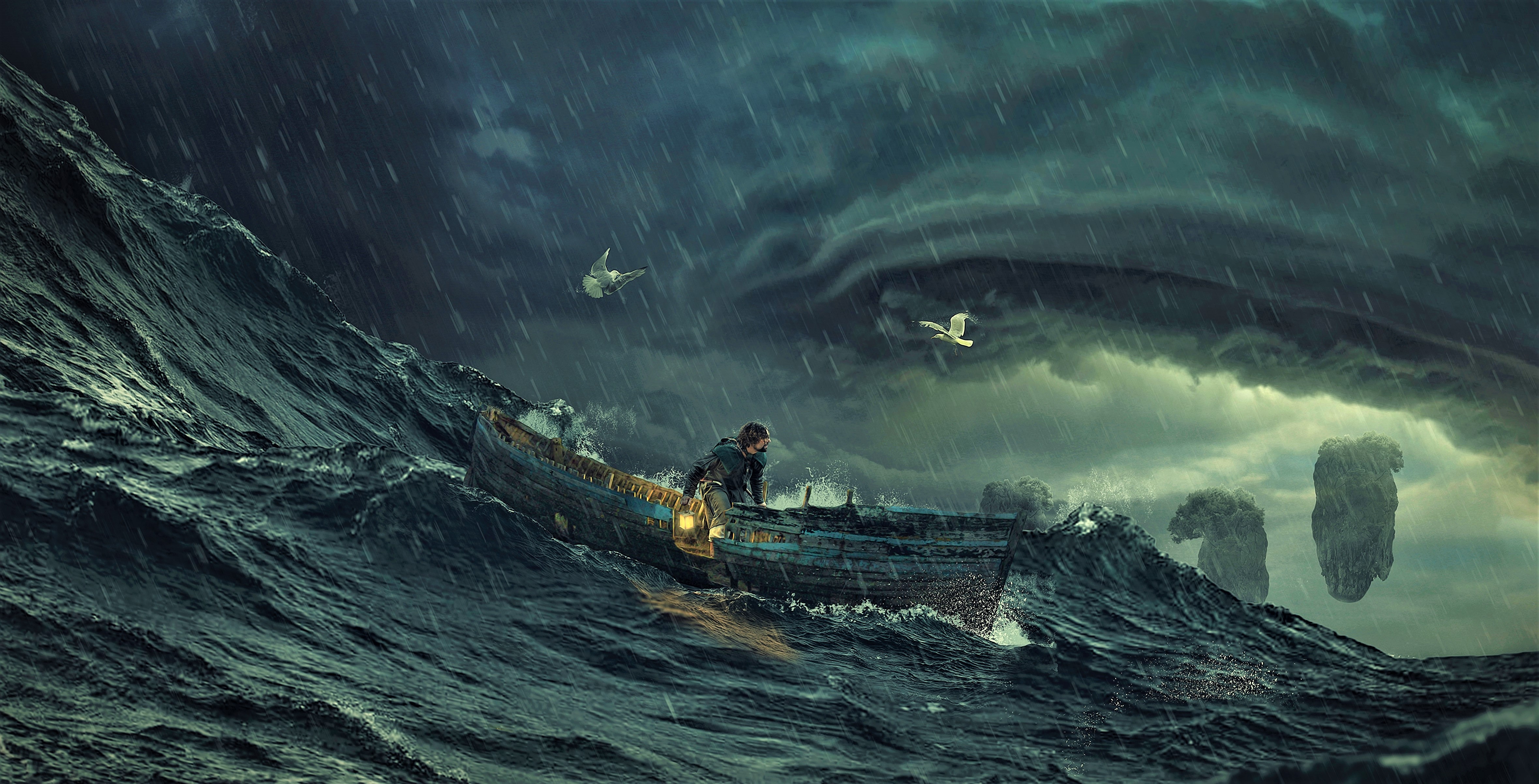 HD desktop wallpaper: Fantasy, Sea, Ocean, Boat, Storm, Artistic, Wave  download free picture #904881