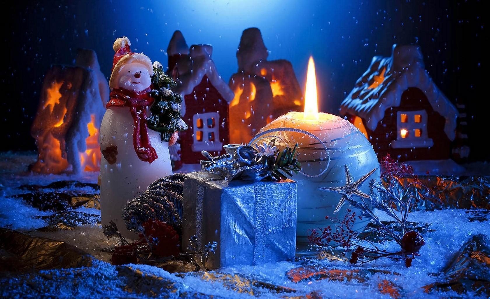 new year, holidays, houses, snowman, christmas, holiday, present, gift, candle UHD