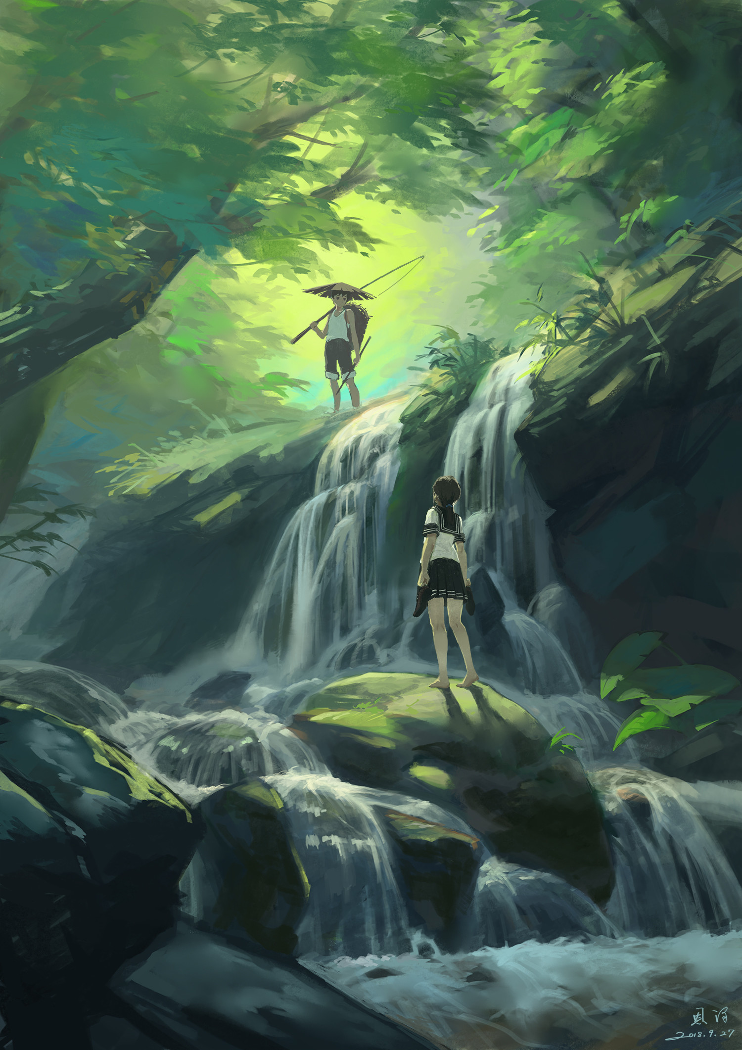 girl, art, guy, jungle, forest, waterfall HD wallpaper