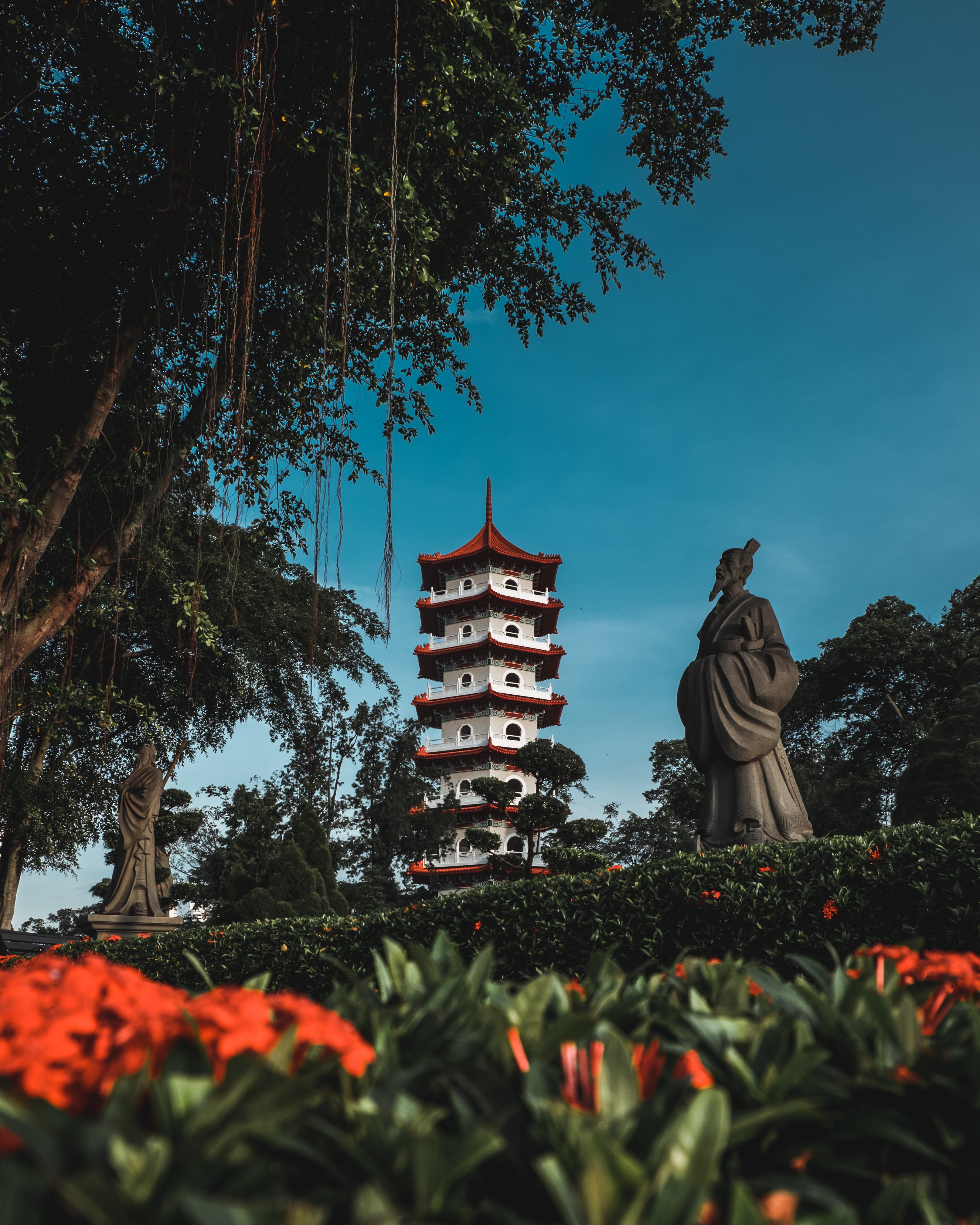 flowers, trees, bush, building, miscellanea, miscellaneous, pagoda, statue