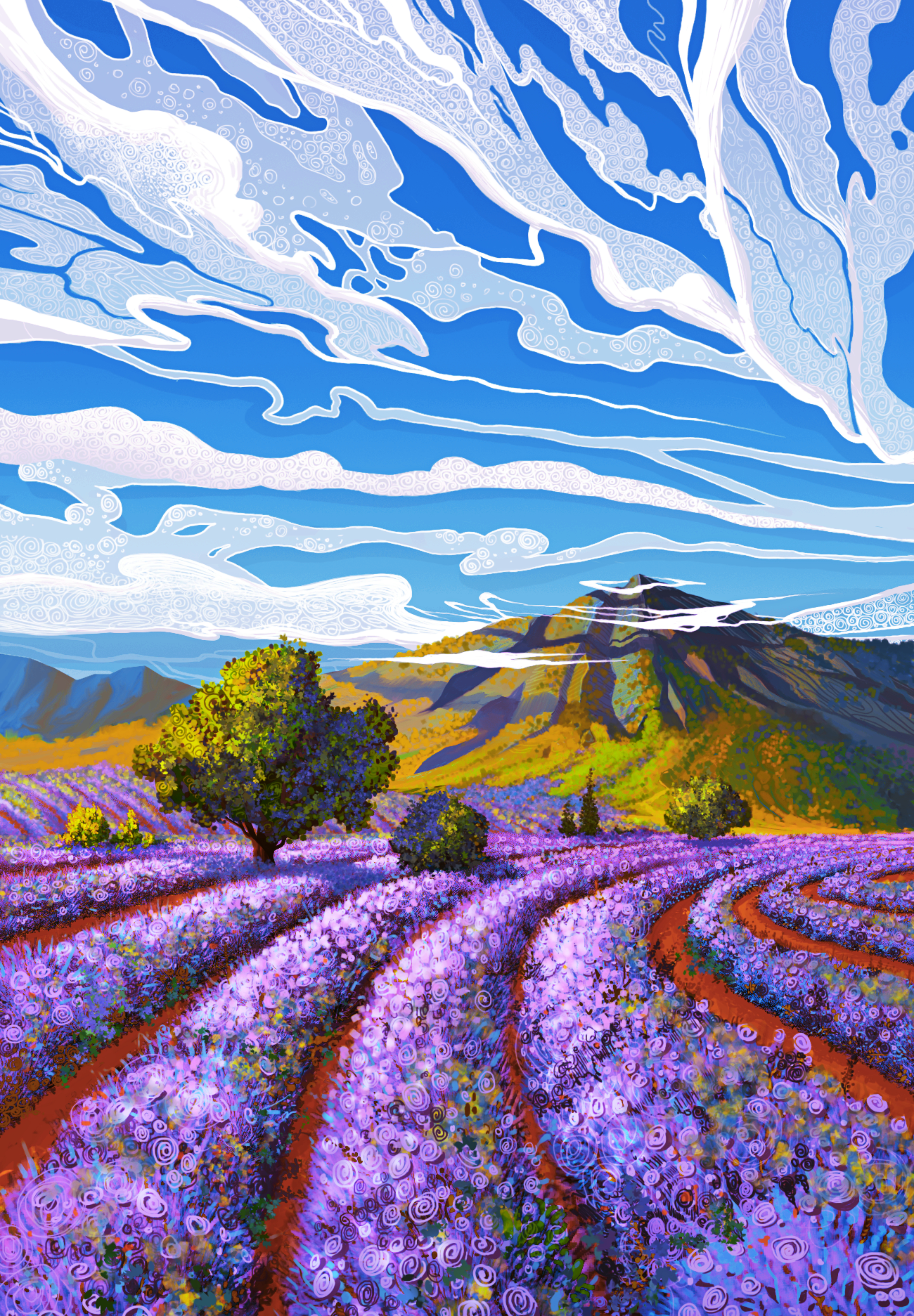 Laden Sie das Landschaft, Kunst, Berg, Feld, Lavendel-Bild kostenlos auf Ihren PC-Desktop herunter