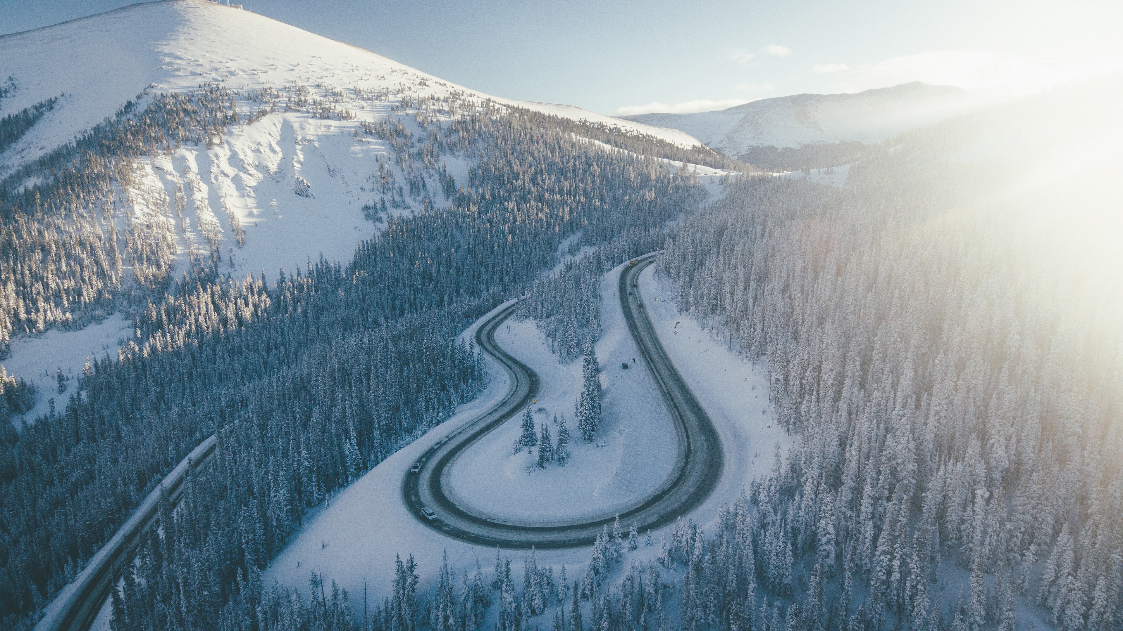 photography, aerial, forest, mountain, road, snow, spruce, winter QHD