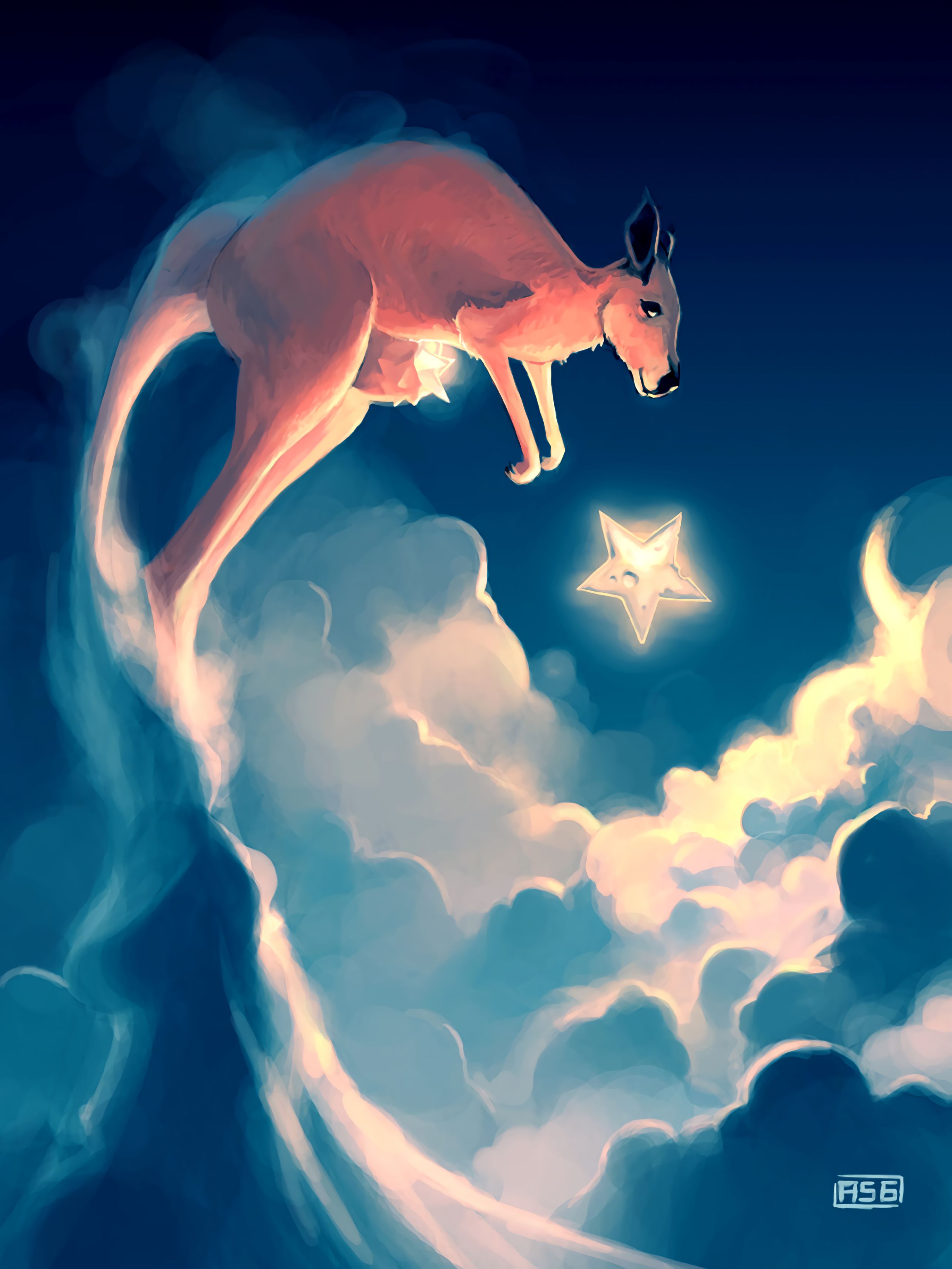 sky, art, stars, clouds, kangaroo