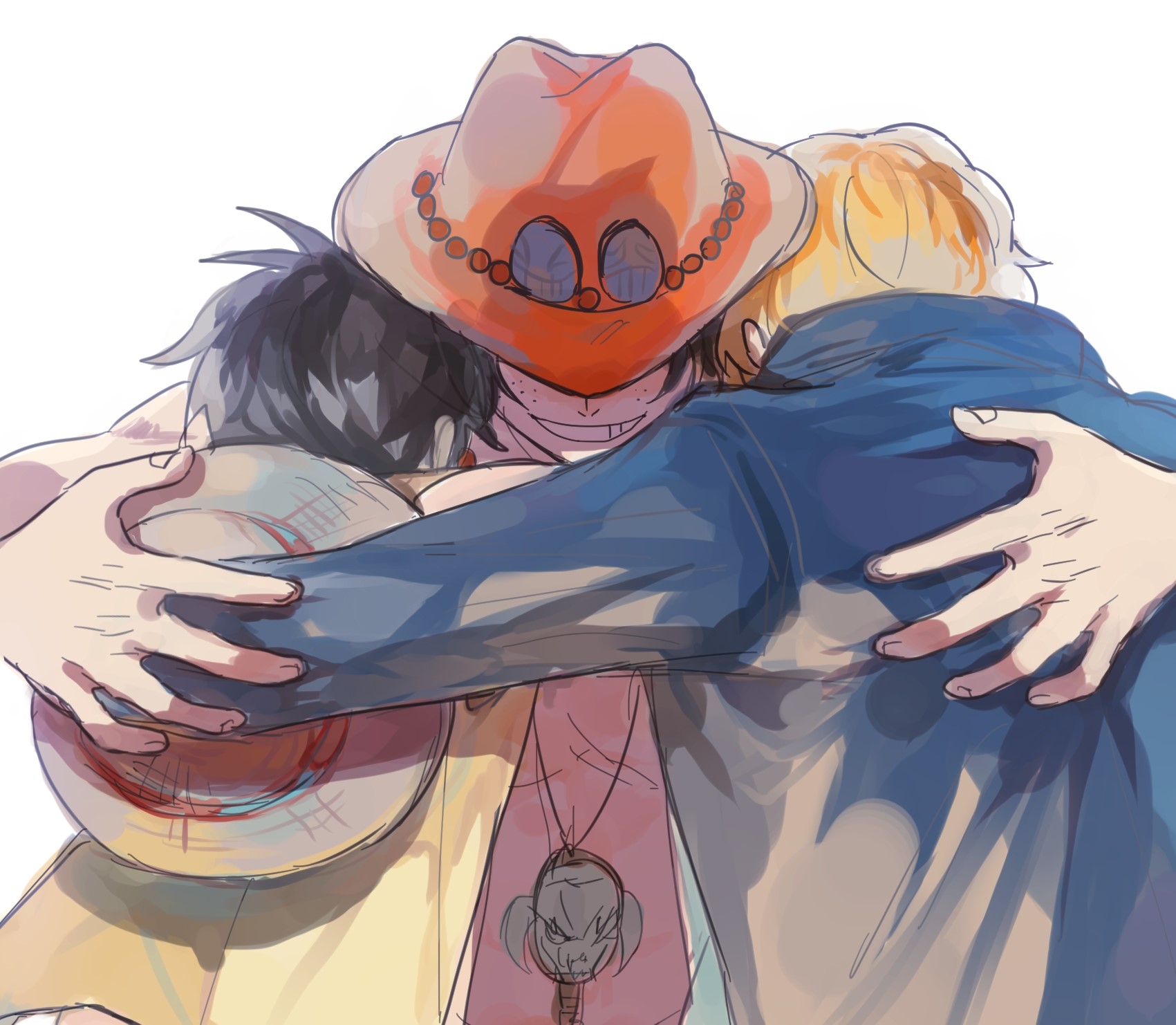 anime, one piece, black hair, hat, monkey d luffy, portgas d ace, sabo (one piece), smile
