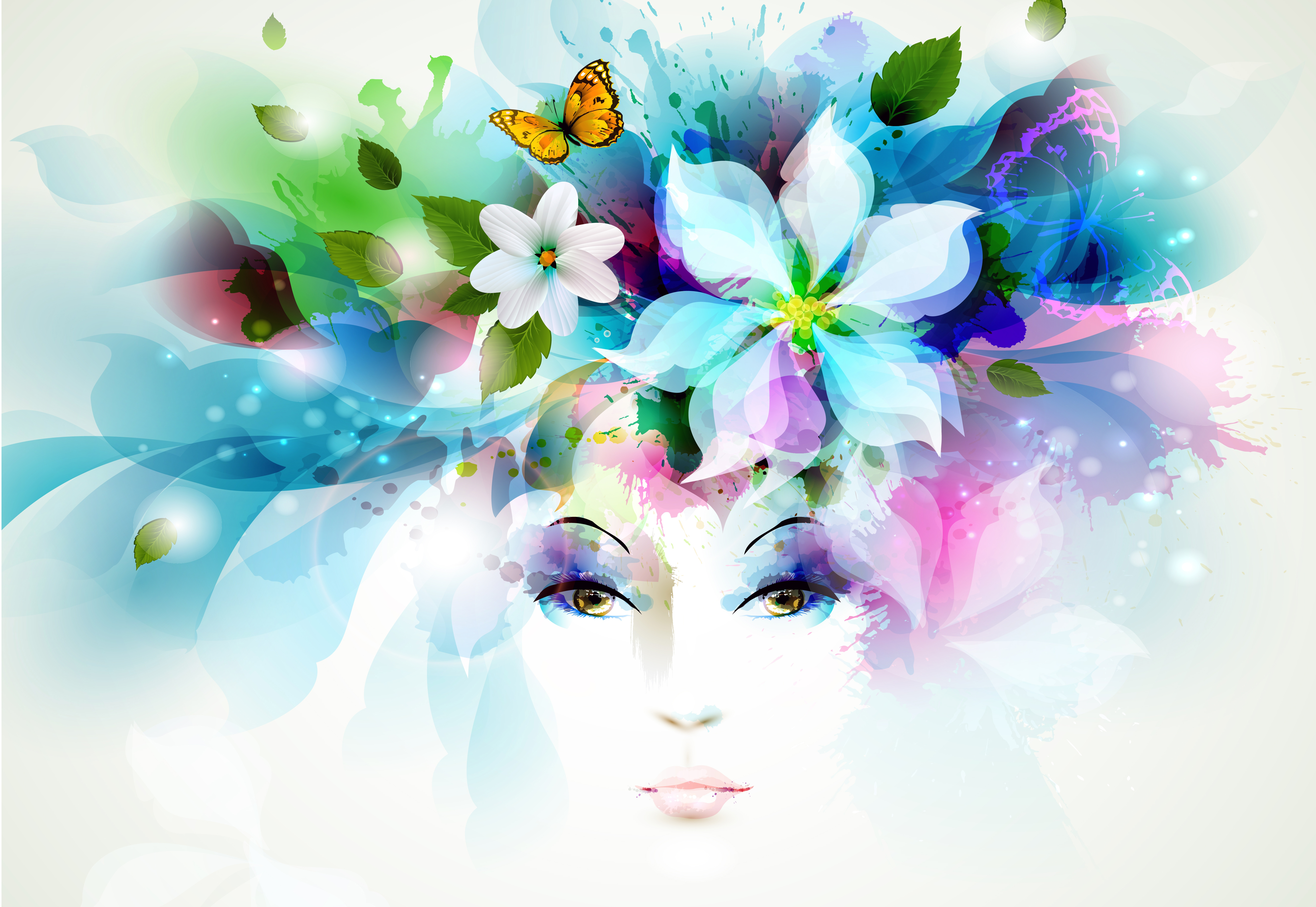 petals, butterfly, sight, flowers, art, leaves, spray, opinion, girl download HD wallpaper