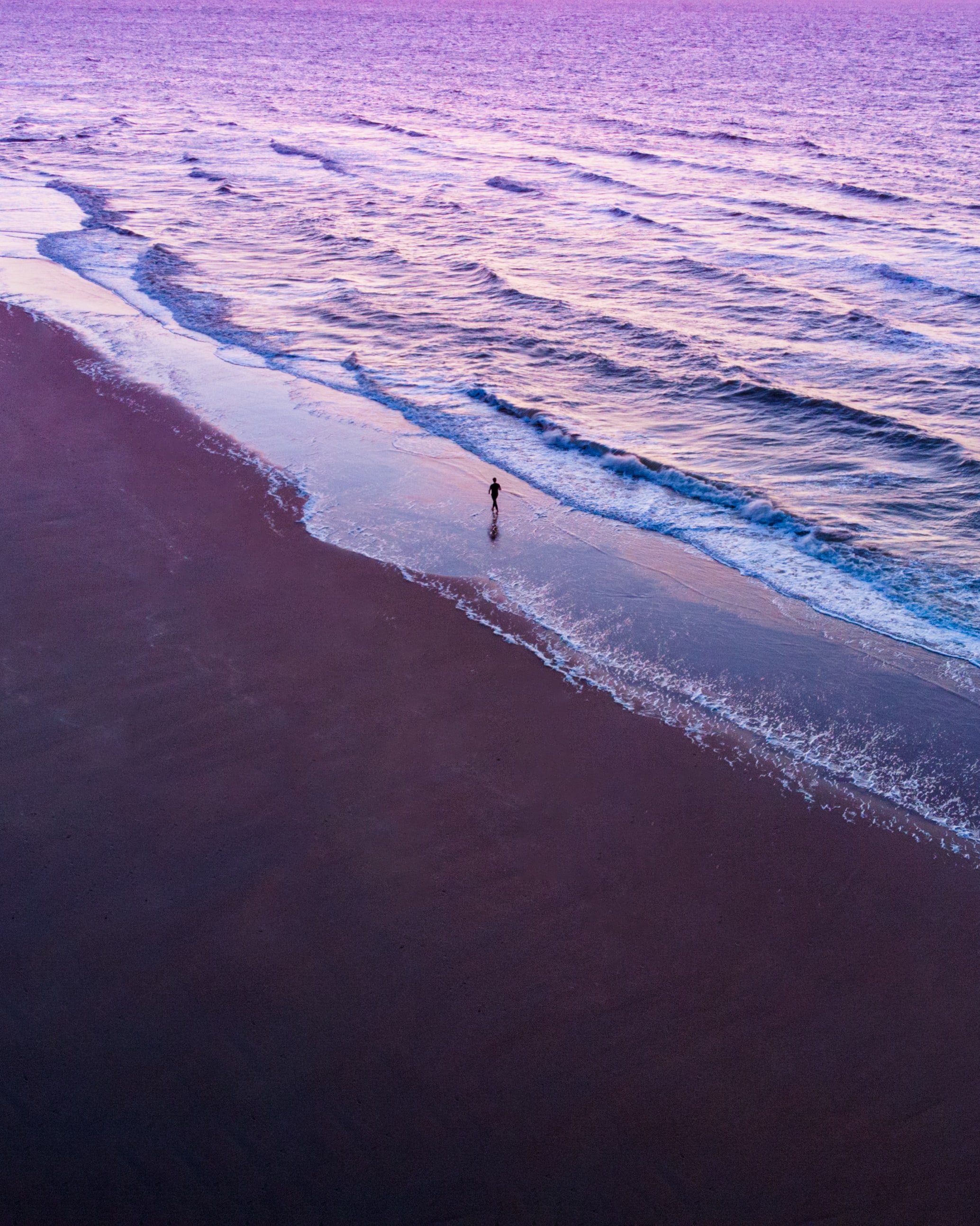 purple, sea, beach, violet, view from above, silhouette, miscellanea, miscellaneous, human, person, loneliness