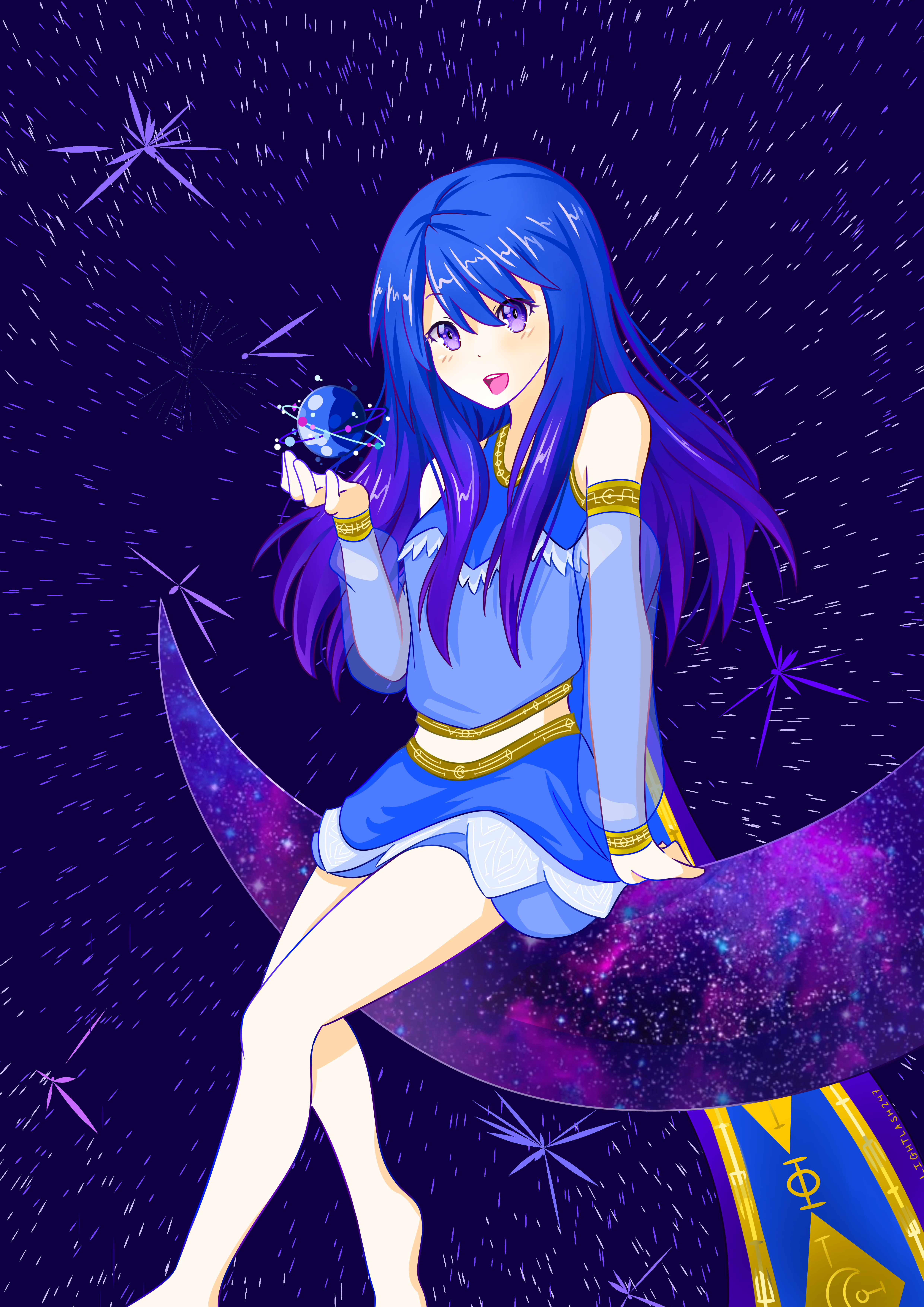 Handy-Wallpaper Anime, Mädchen, Universum, Mond, Planet, Planeten kostenlos herunterladen.
