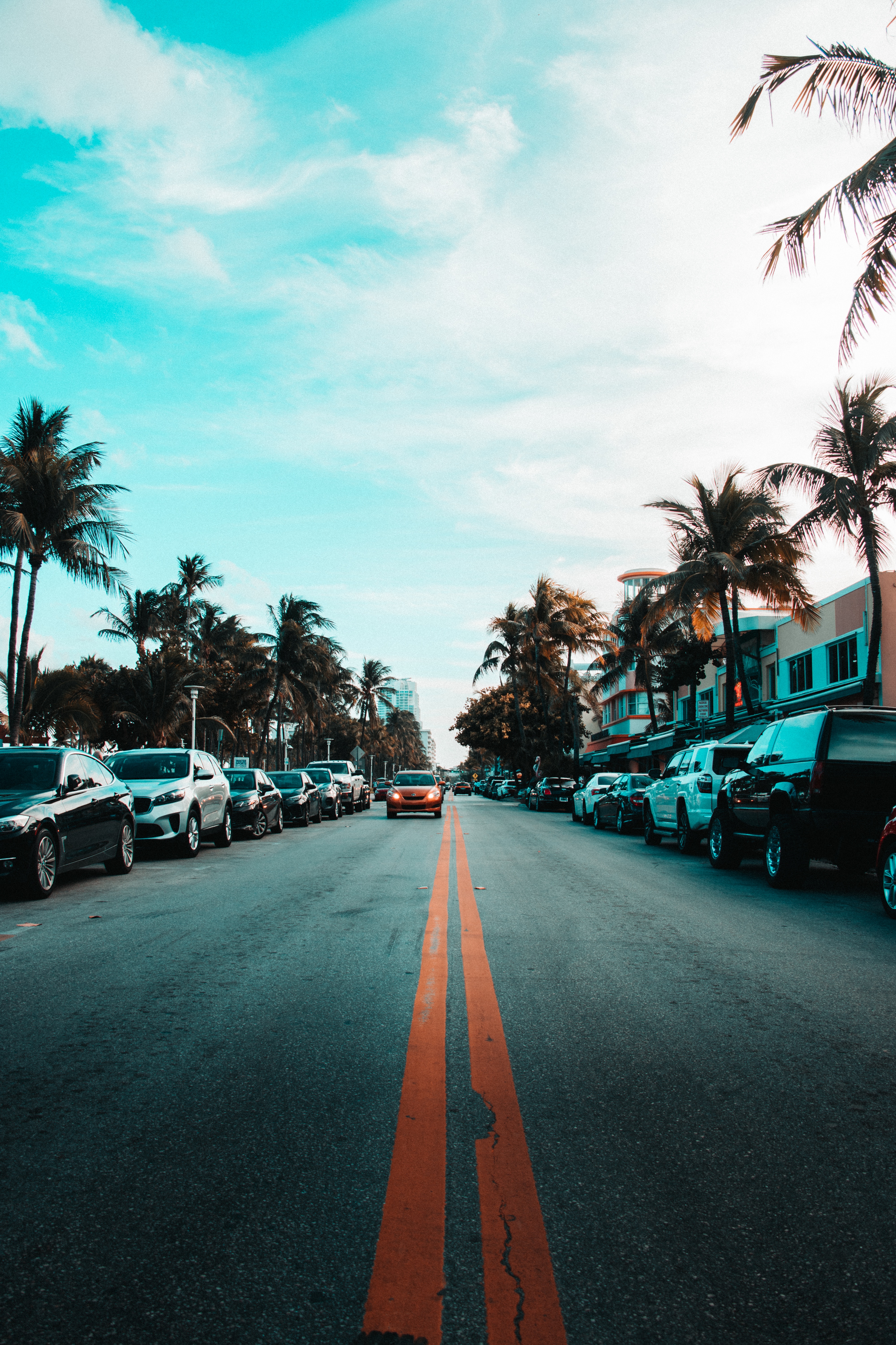 98749 download wallpaper markup, cities, sky, palms, cars, road screensavers and pictures for free