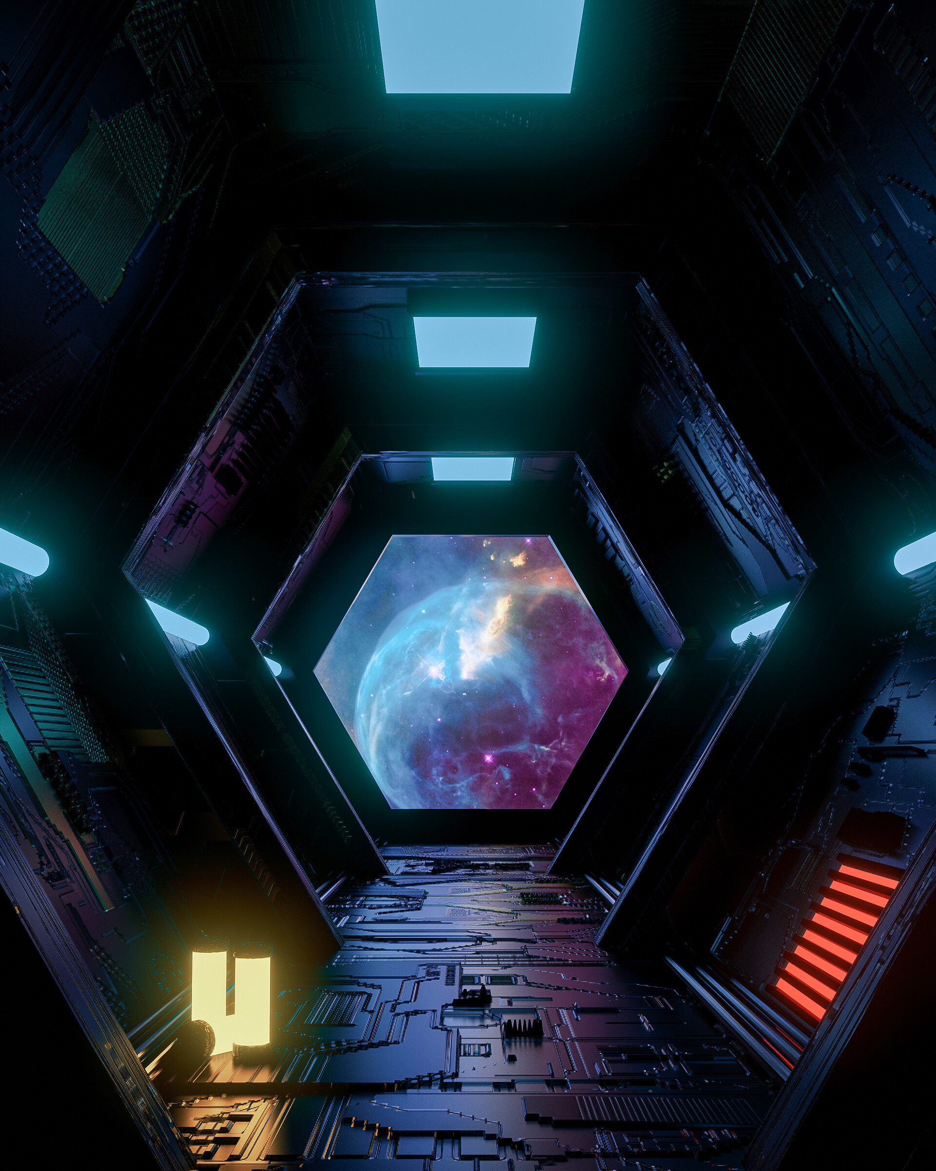 Widescreen image tunnel, spaceship, corridor, dark
