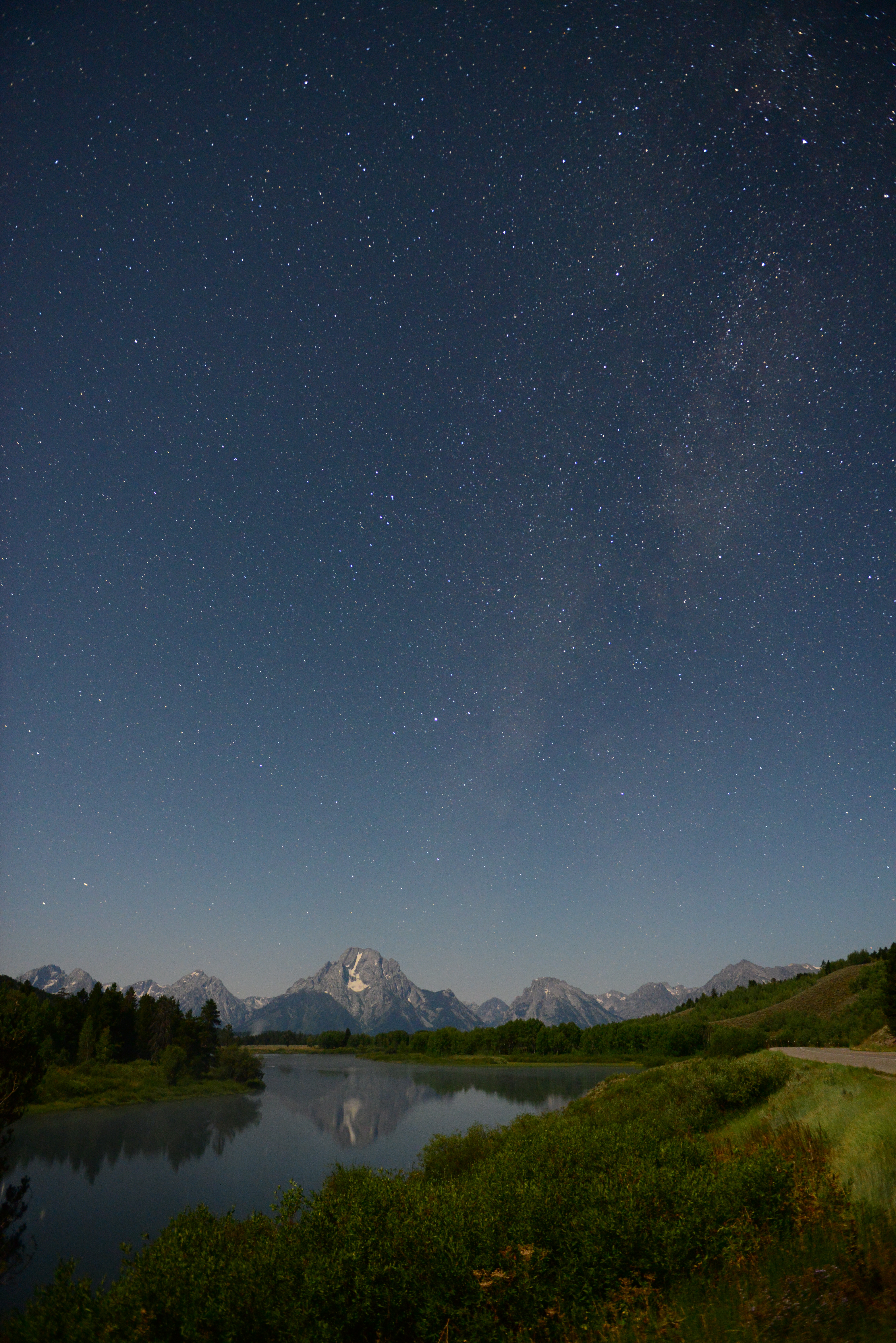 starry sky, rivers, mountains, stars, night, bush, dark download HD wallpaper