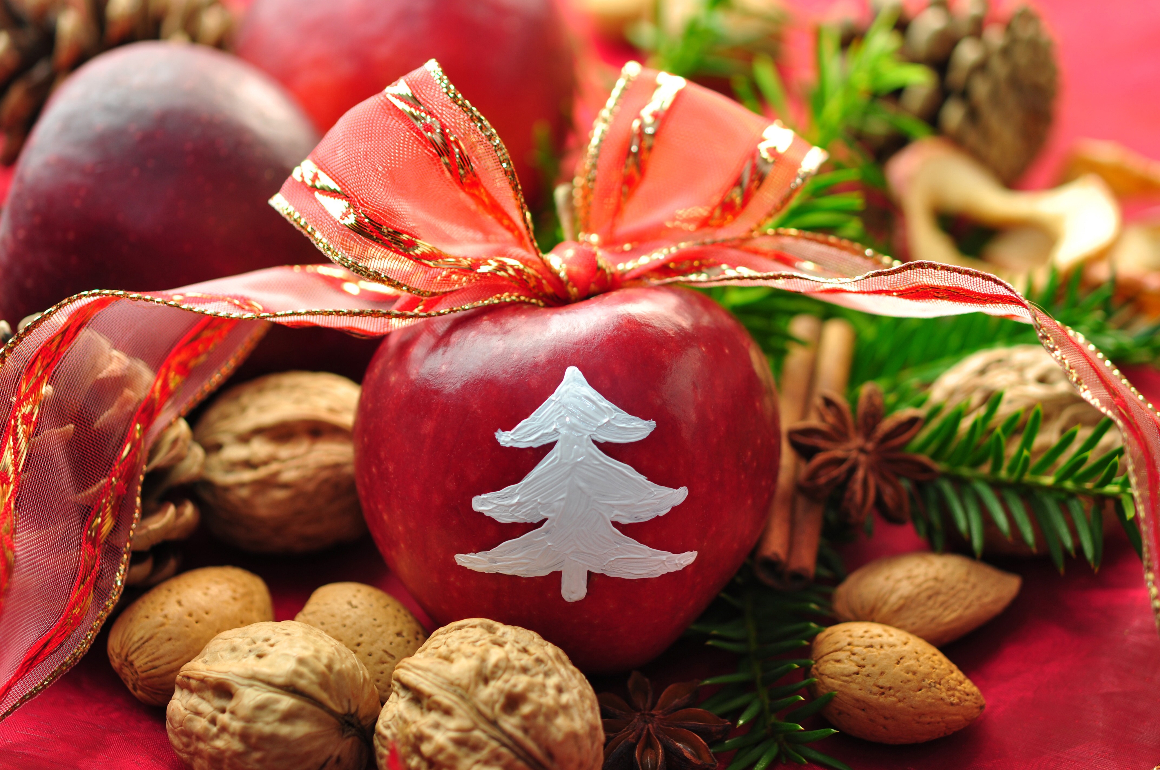 nuts, food, cones, new year, apples, cinnamon, holiday, table, needles, bow, tape, decor