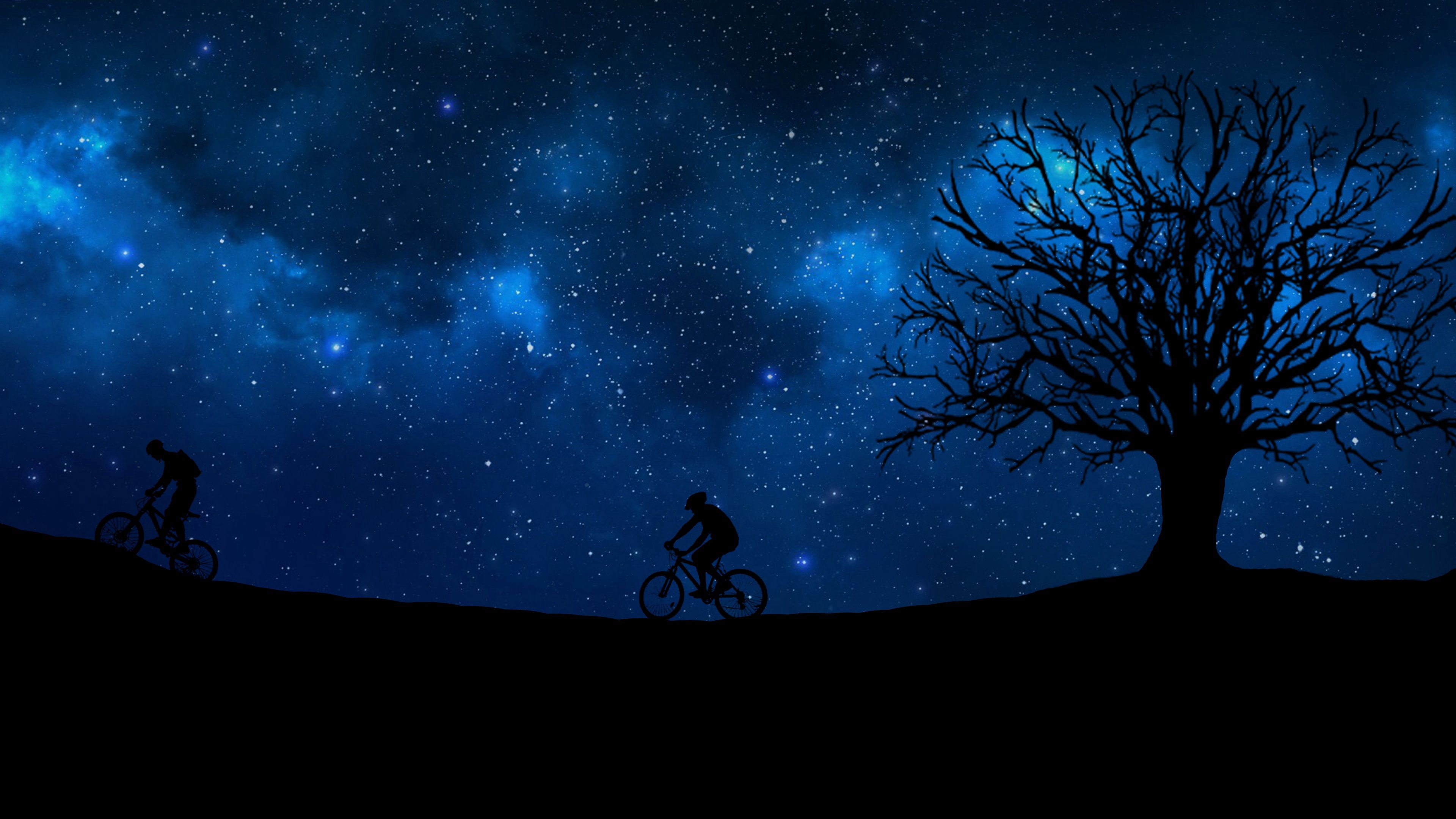 silhouette, starry sky, vector, cyclist Phone Background