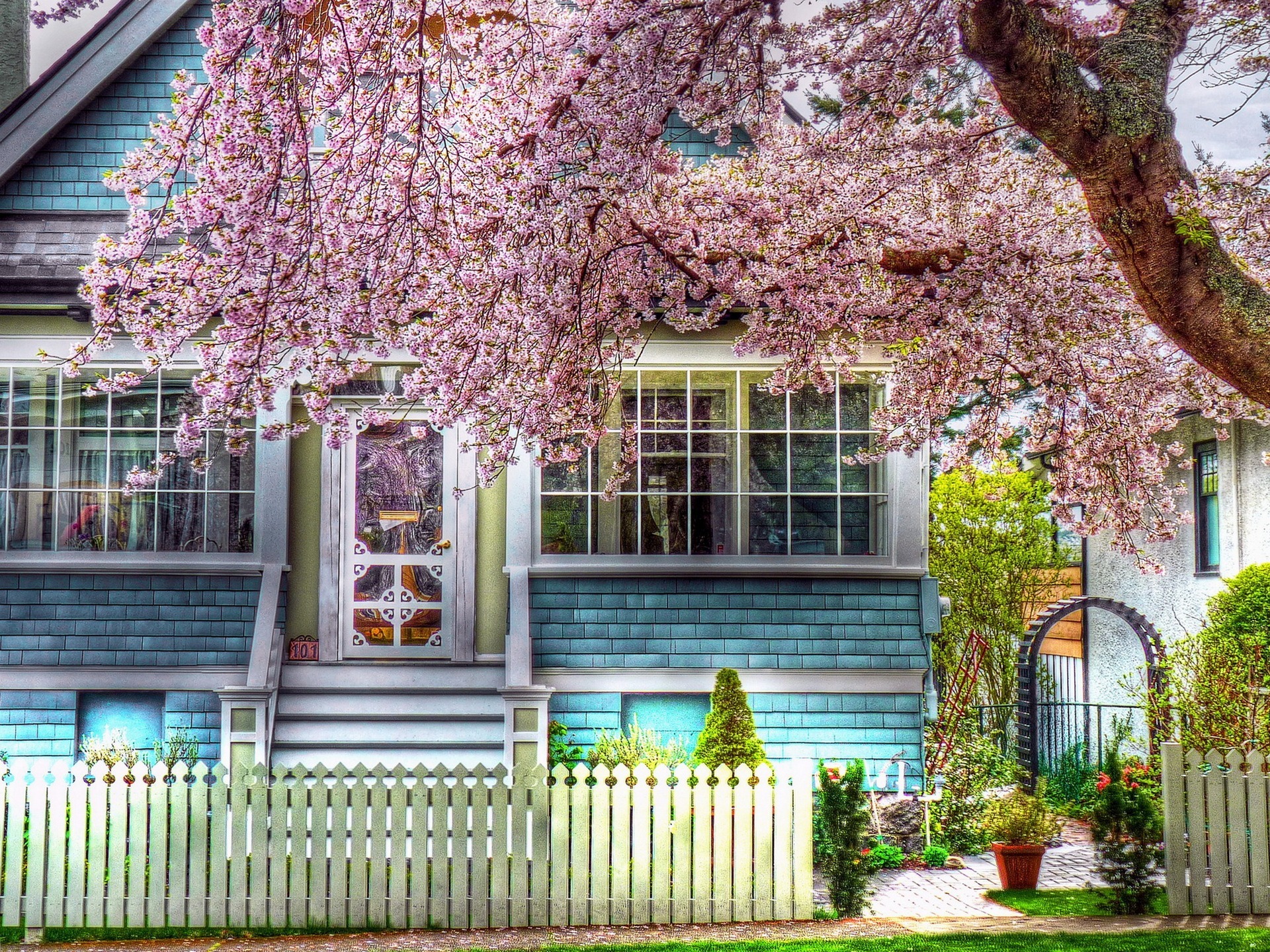 house, cities, wood, tree, bloom, flowering, fence, hdr, spring cell phone wallpapers