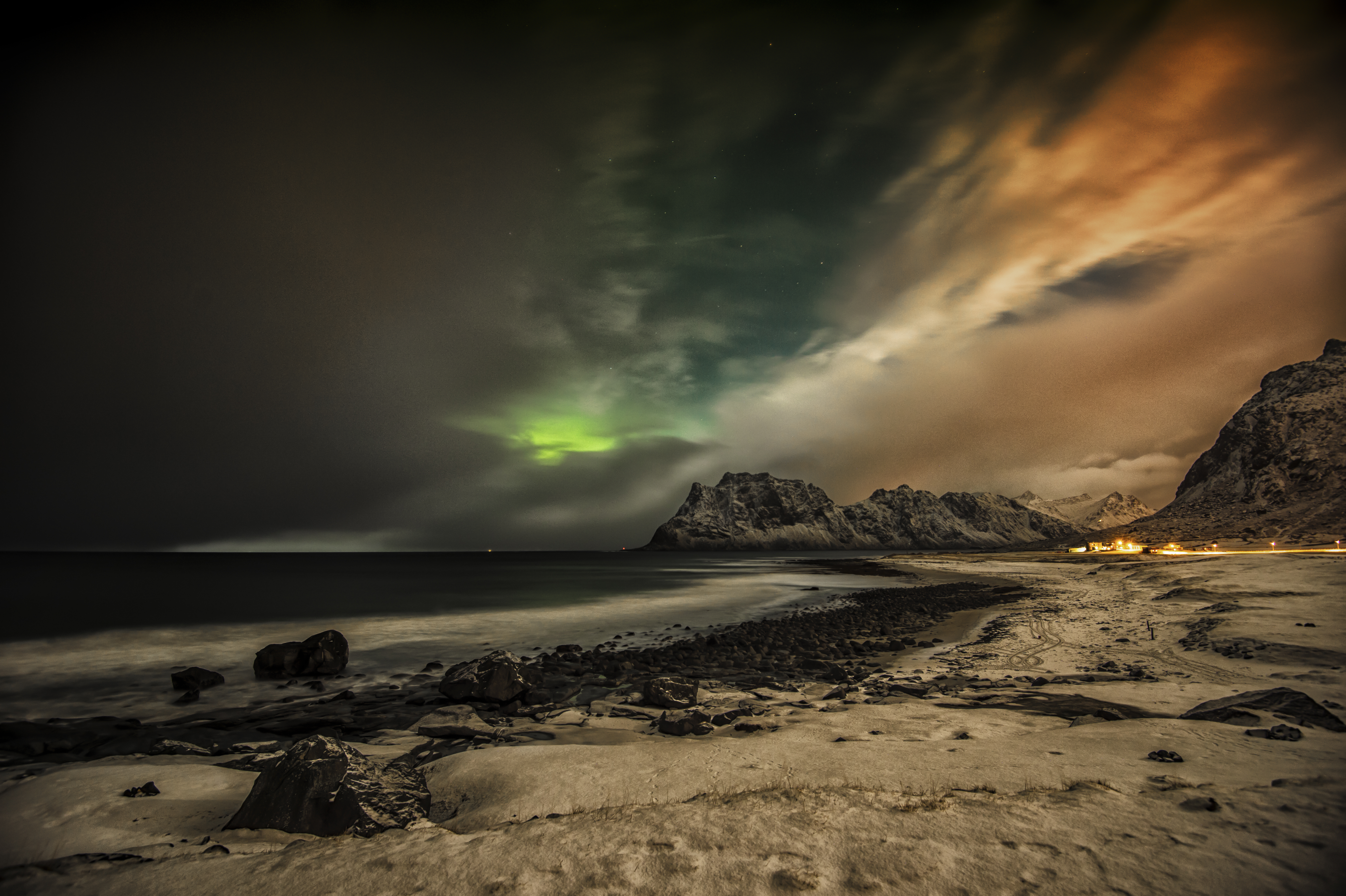 beach, aurora borealis, norway, earth, arctic, lofoten islands
