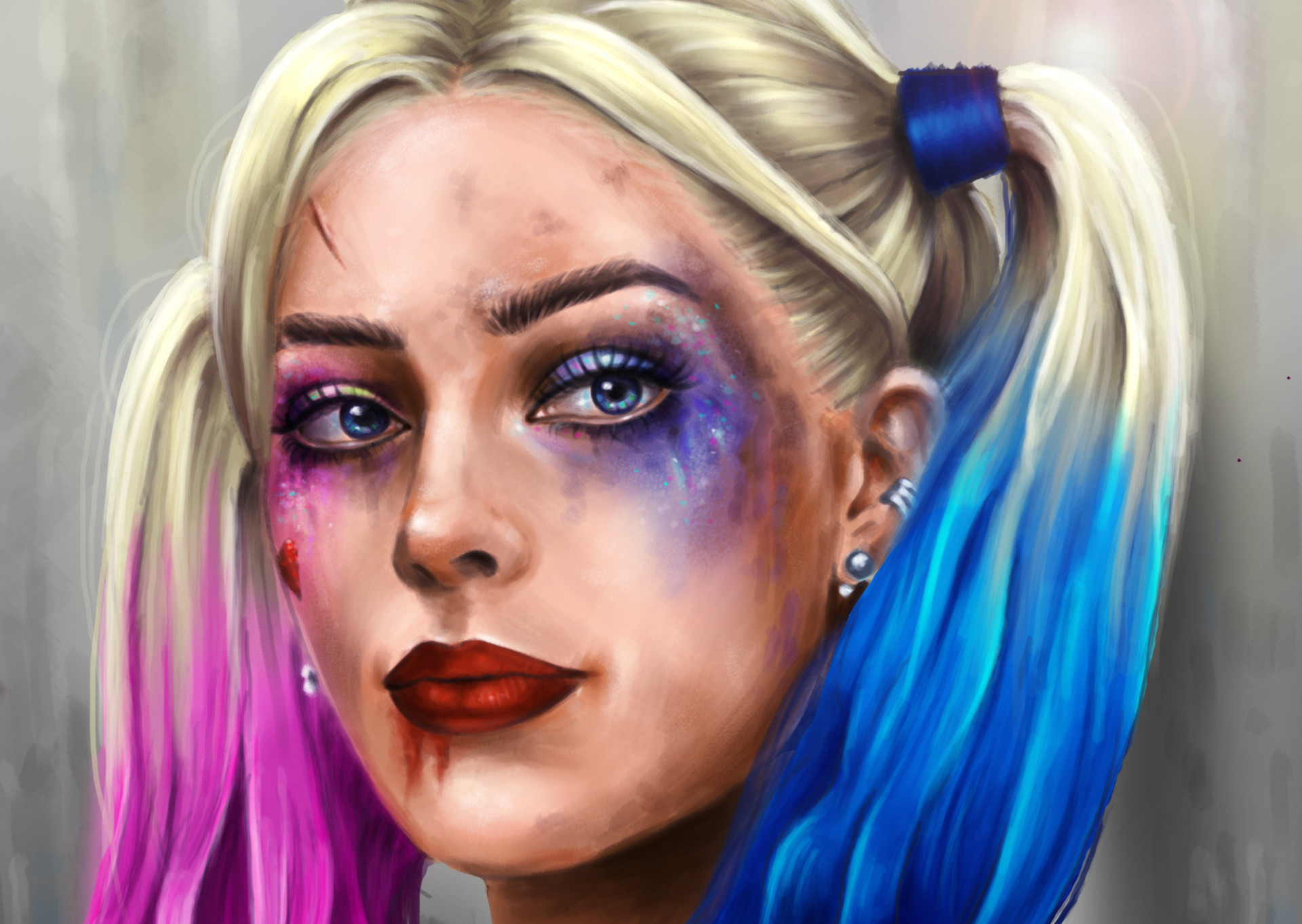 harley quinn, movie, suicide squad, blue eyes, face, lipstick, twintails