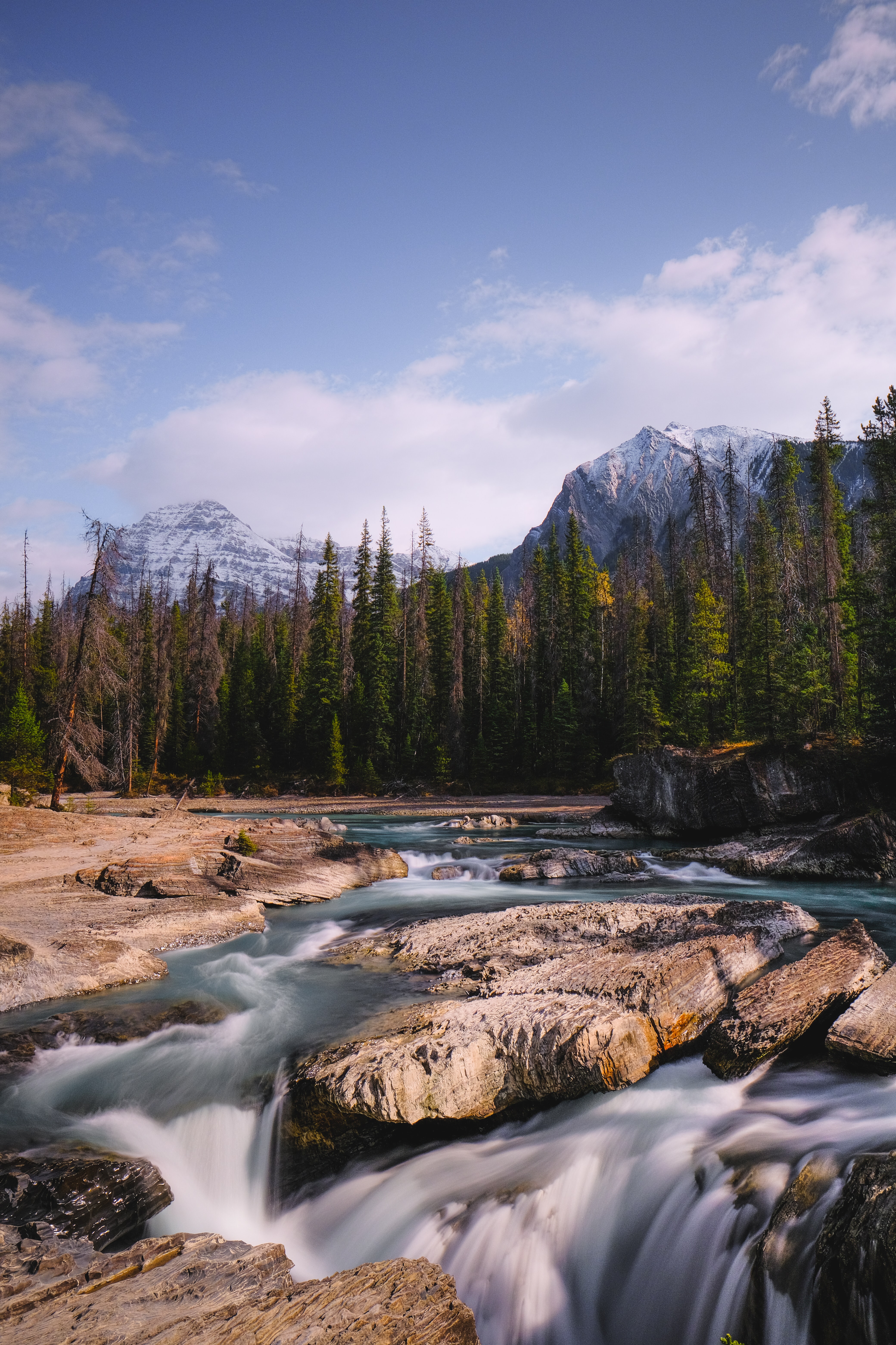 stones, mountains, trees, nature, flow, stream Full HD