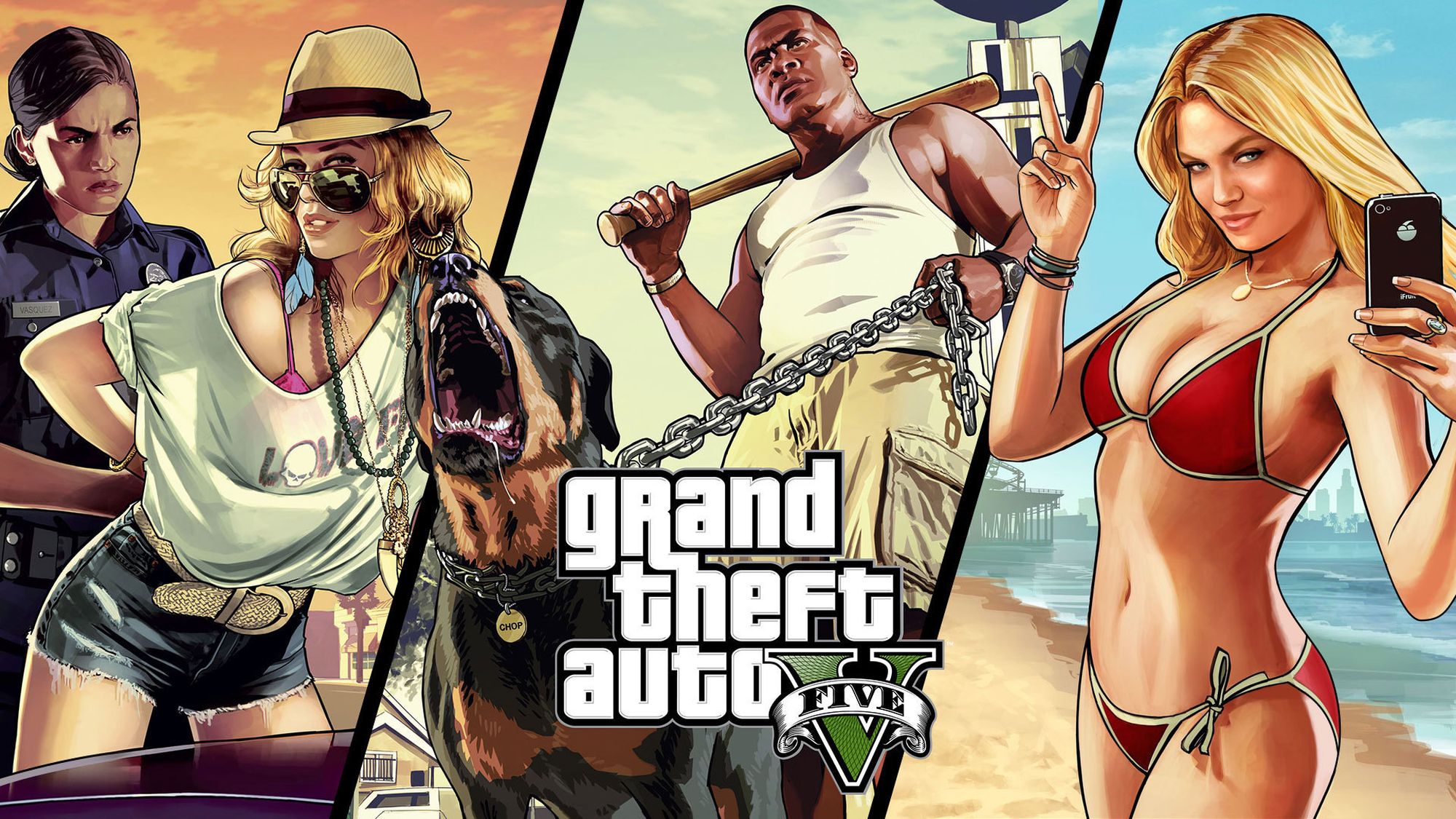 bikini, watch, grand theft auto v, video game, baseball bat, beach, belt, blonde, blue eyes, brown hair, chain, dog, earrings, franklin clinton, hat, long hair, necklace, peace sign, phone, police, ring, shorts, sky, smile, sunglasses, grand theft auto for android