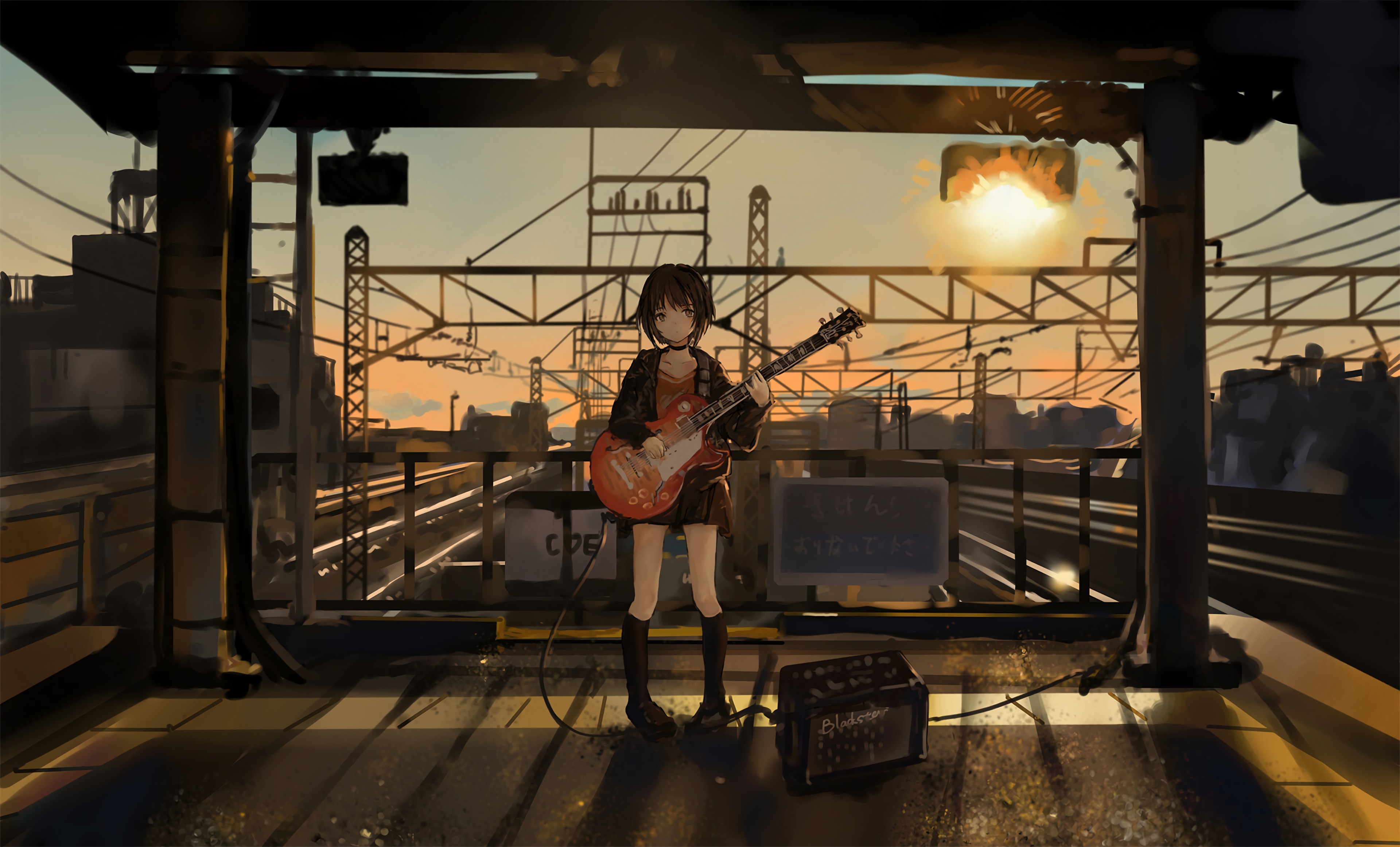 Anime musician, girl, electric guitar, art 8k Backgrounds