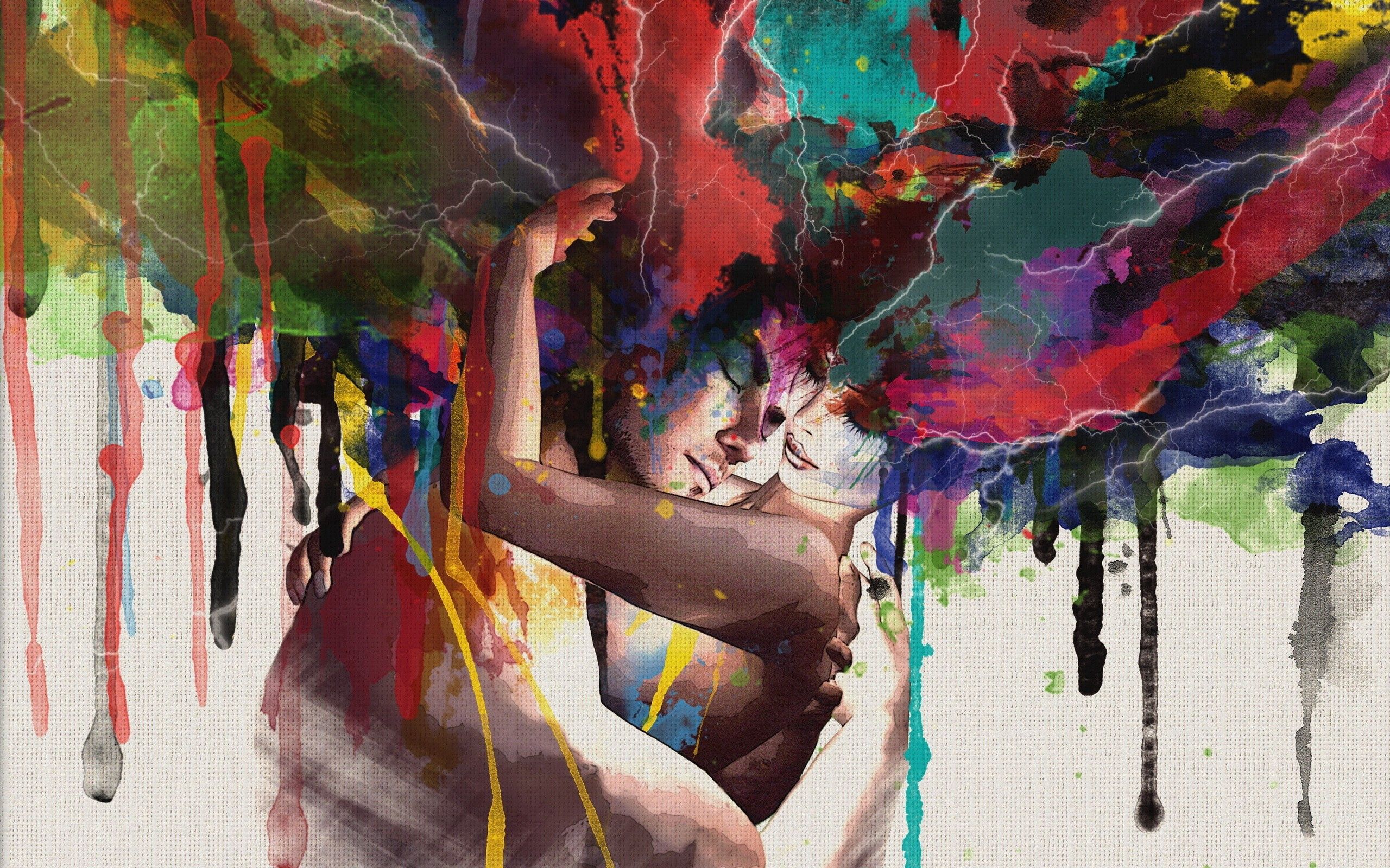 couple, paint, embrace, abstract, multicolored, motley, pair, blurred, greased Full HD