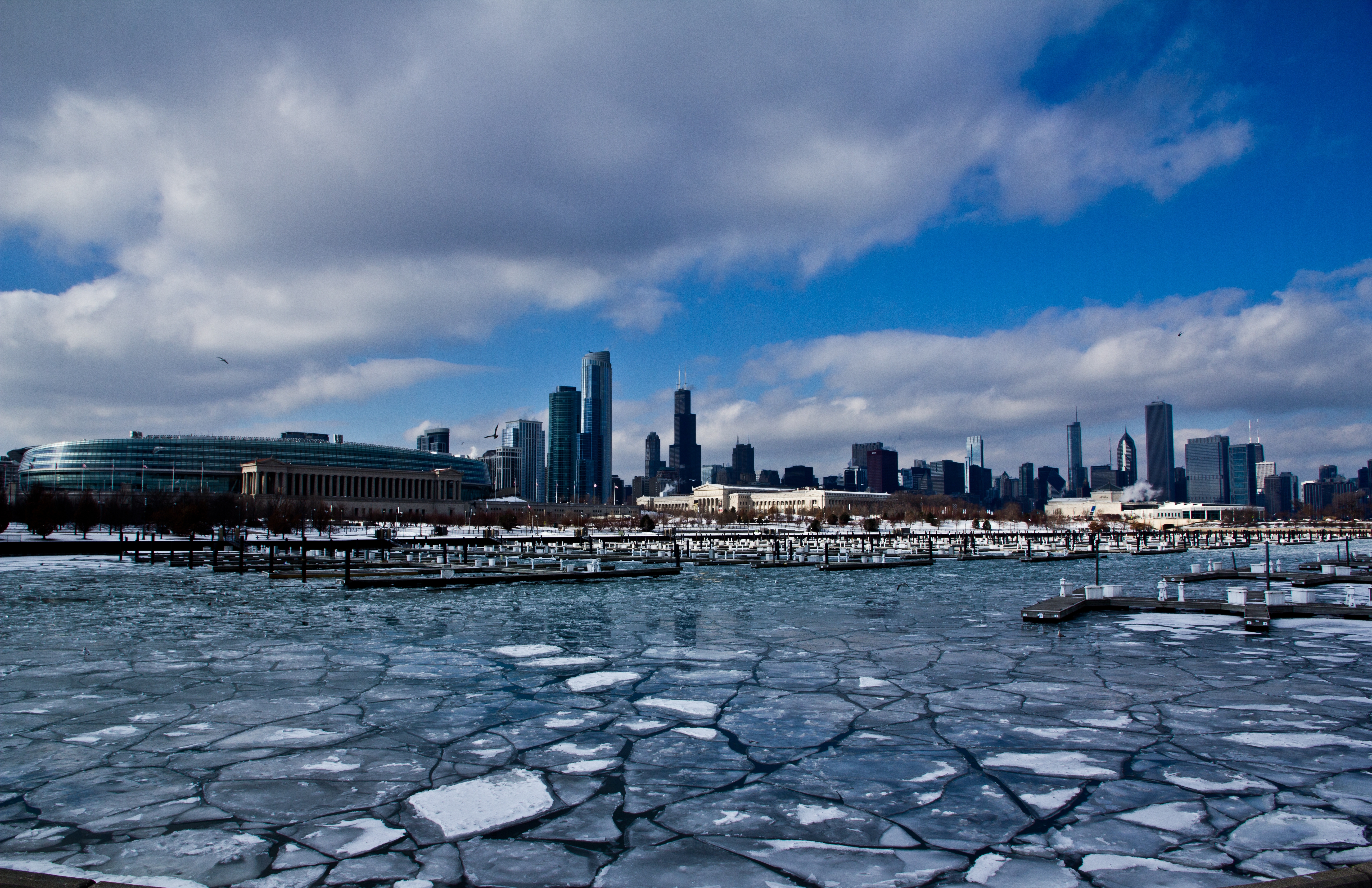 illinois, ice, zleds, winter, zdnia, america, cities, united states, building, port, skyscrapers, usa, ice floes, chicago