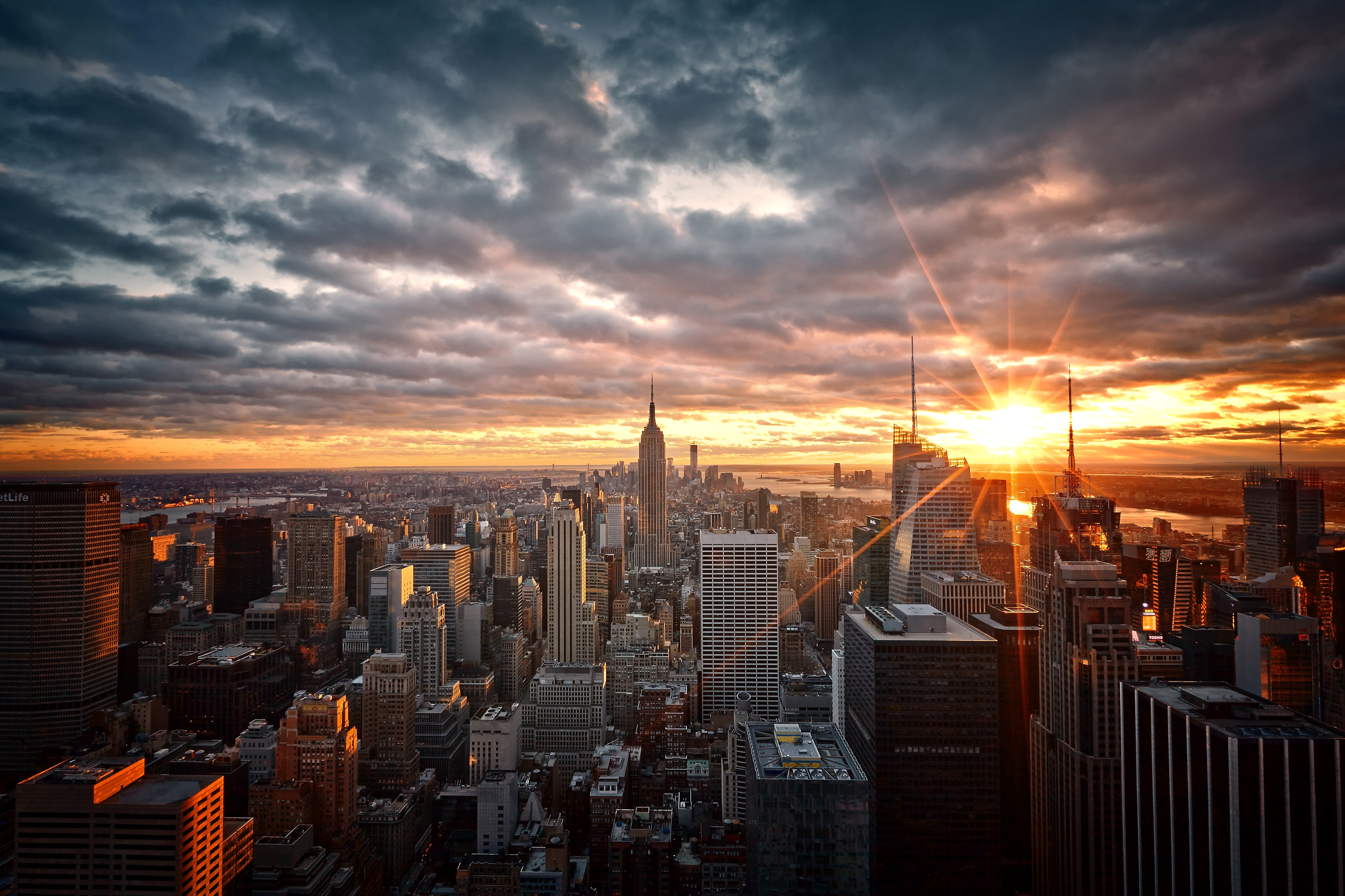 new york, sunbeam, building, aerial Dawn Cellphone FHD pic