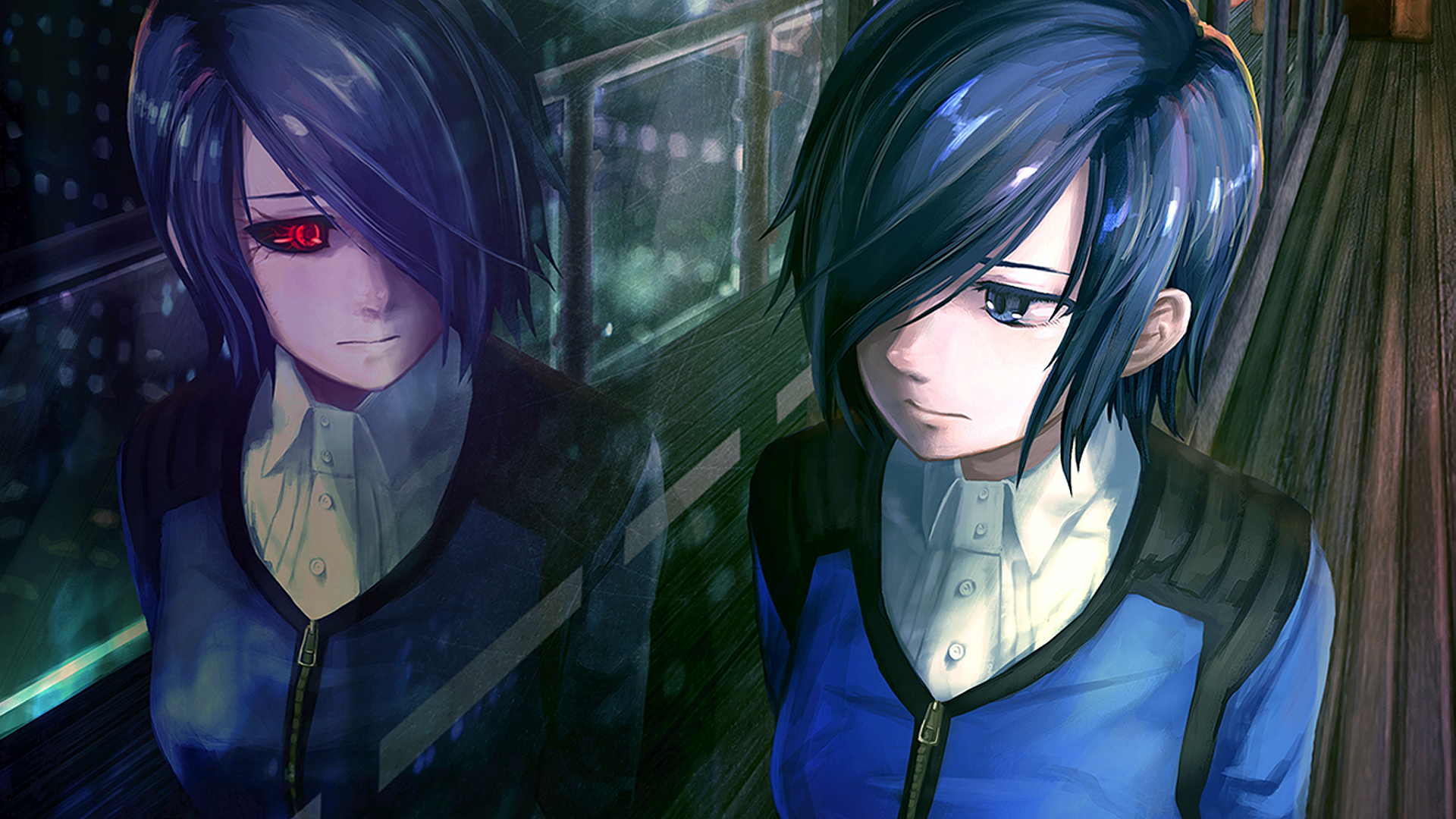 Panoramic Wallpapers Reflection touka kirishima, blue hair, tokyo ghoul, anime