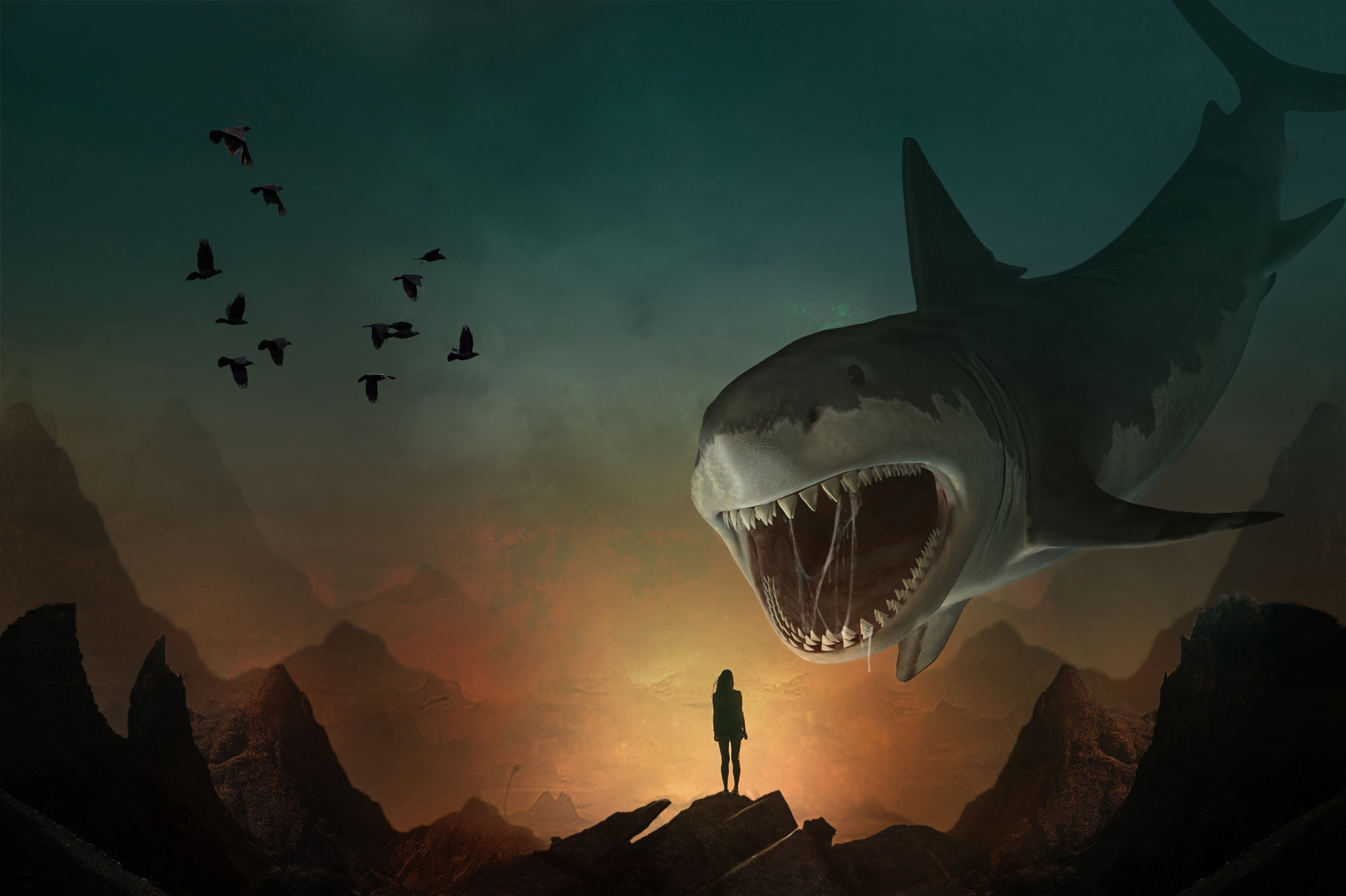 silhouette, art, predator, to fall, mouth, illusion, teeth, shark cell phone wallpapers