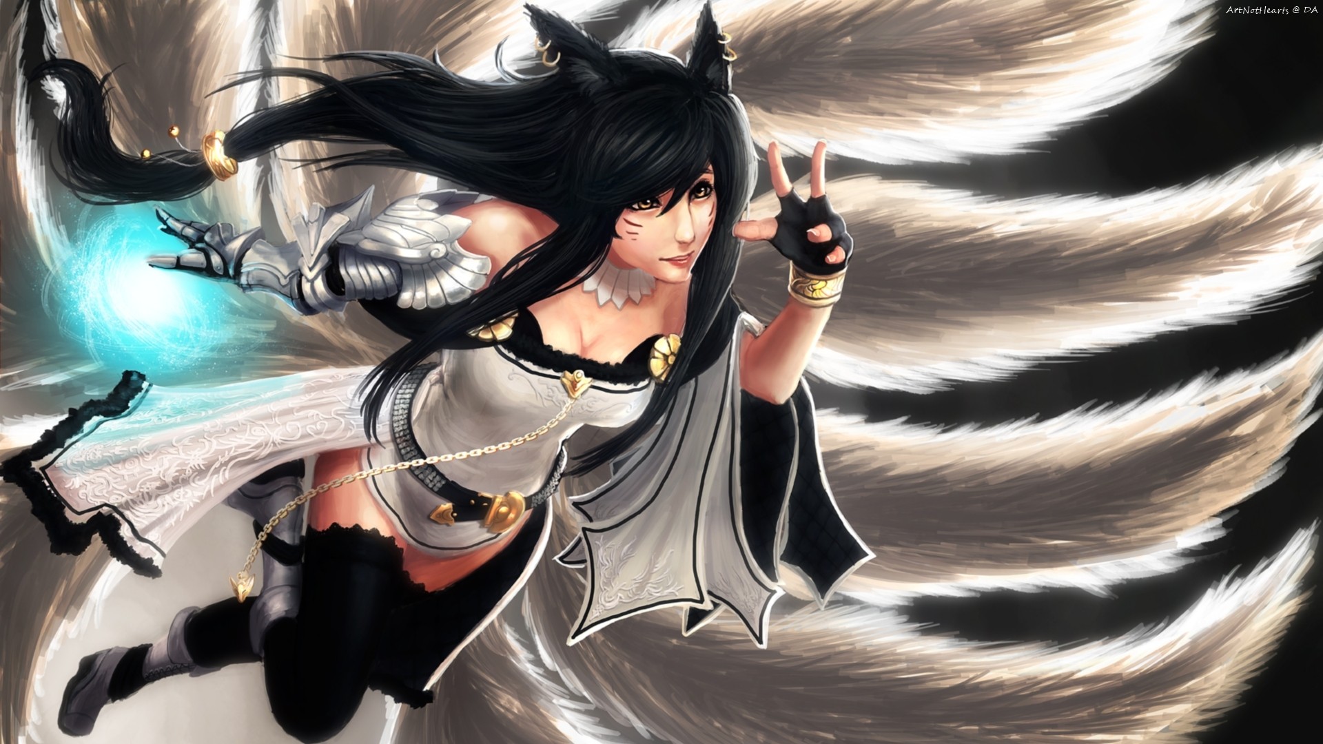 animal ears, video game, league of legends, ahri (league of legends), armor, belt, black hair, chain, dress, glow, long hair, magic, tail, thigh highs, white dress, yellow eyes for android