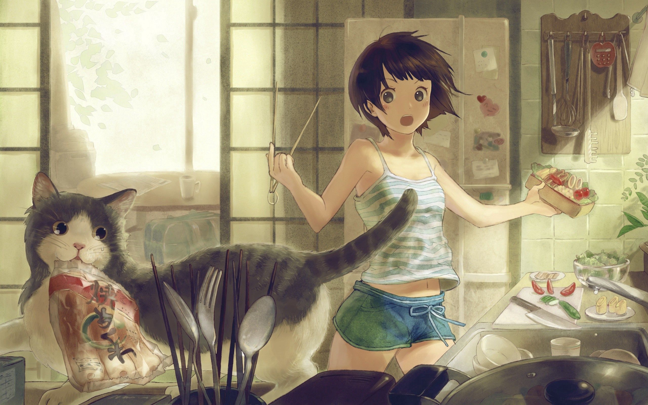 Handy-Wallpaper Anime, Mädchen, Der Kater, Katze, Zimmer kostenlos herunterladen.