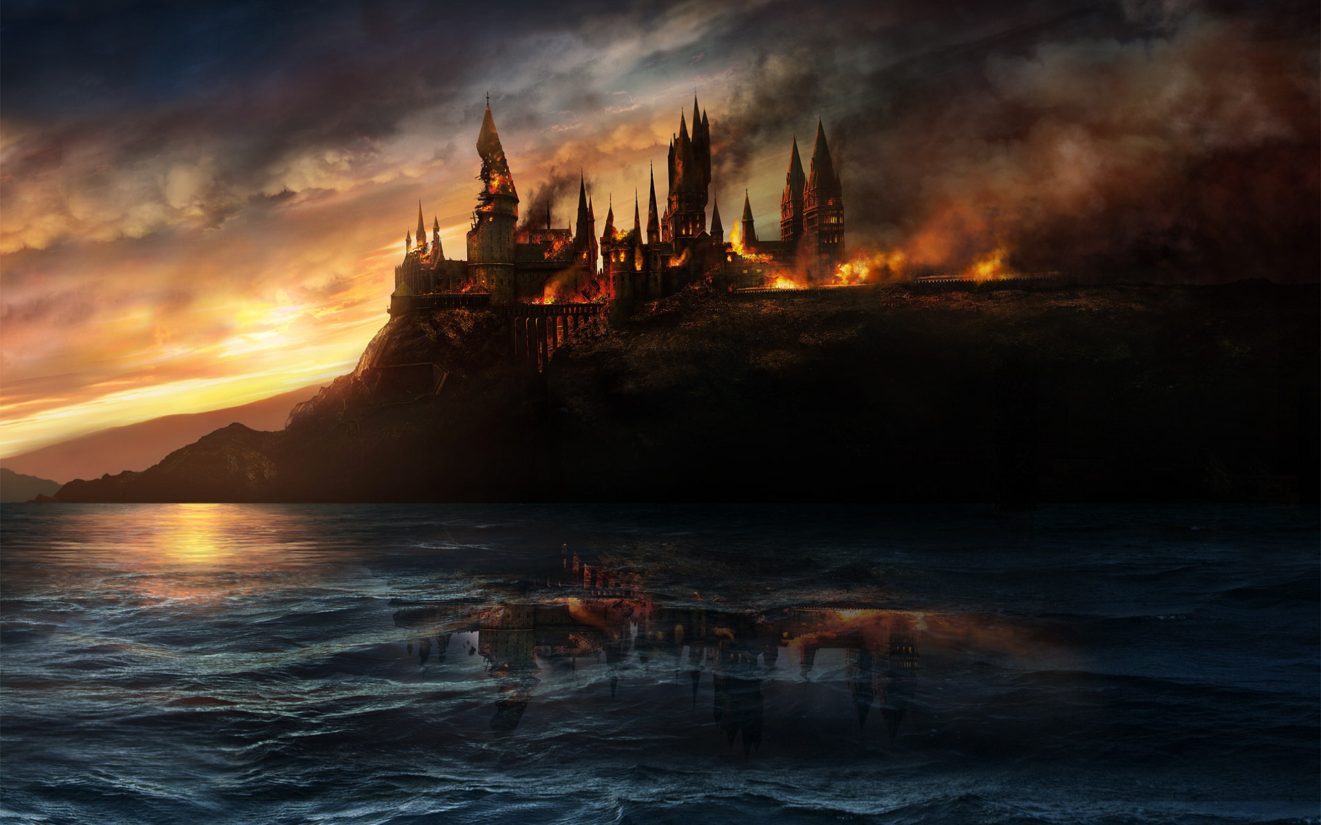 HD wallpaper smoke, fire, harry potter, hogwarts castle, movie, harry potter and the deathly hallows: part 1, castle