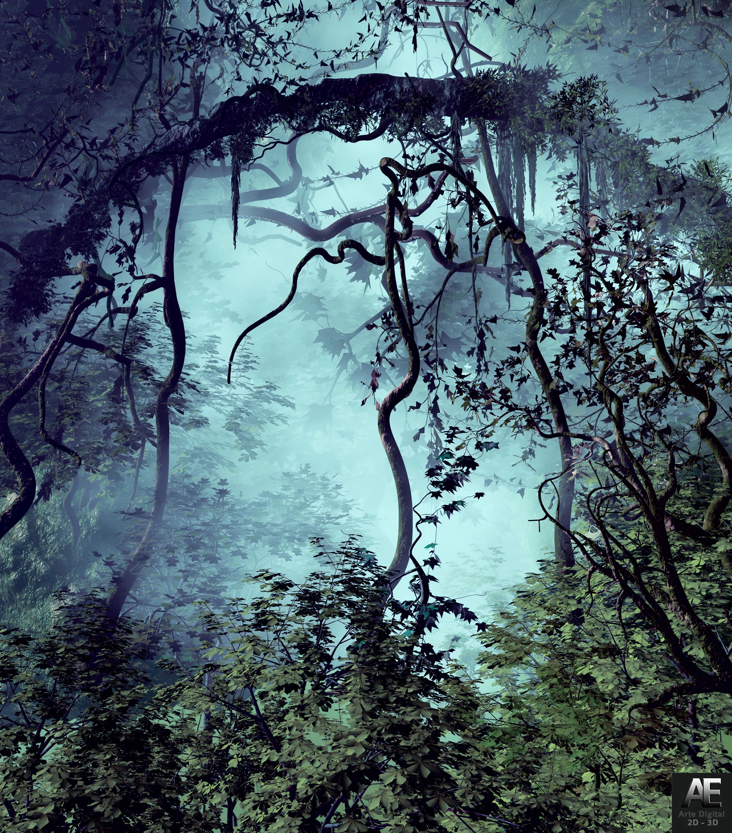 trees, branches, jungle, fog, art